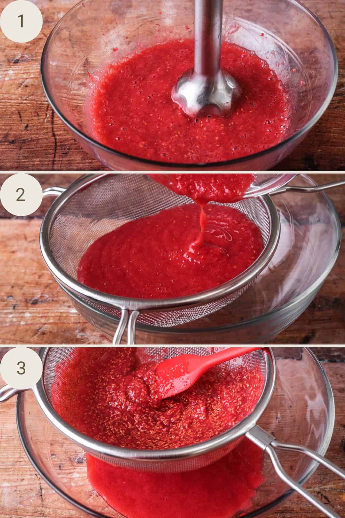 Raspberries blended together in a mixing bowl. Then pushed through a sieve into another mixing bowl. Scraped so only the raspberry seeds remain in the sieve.
