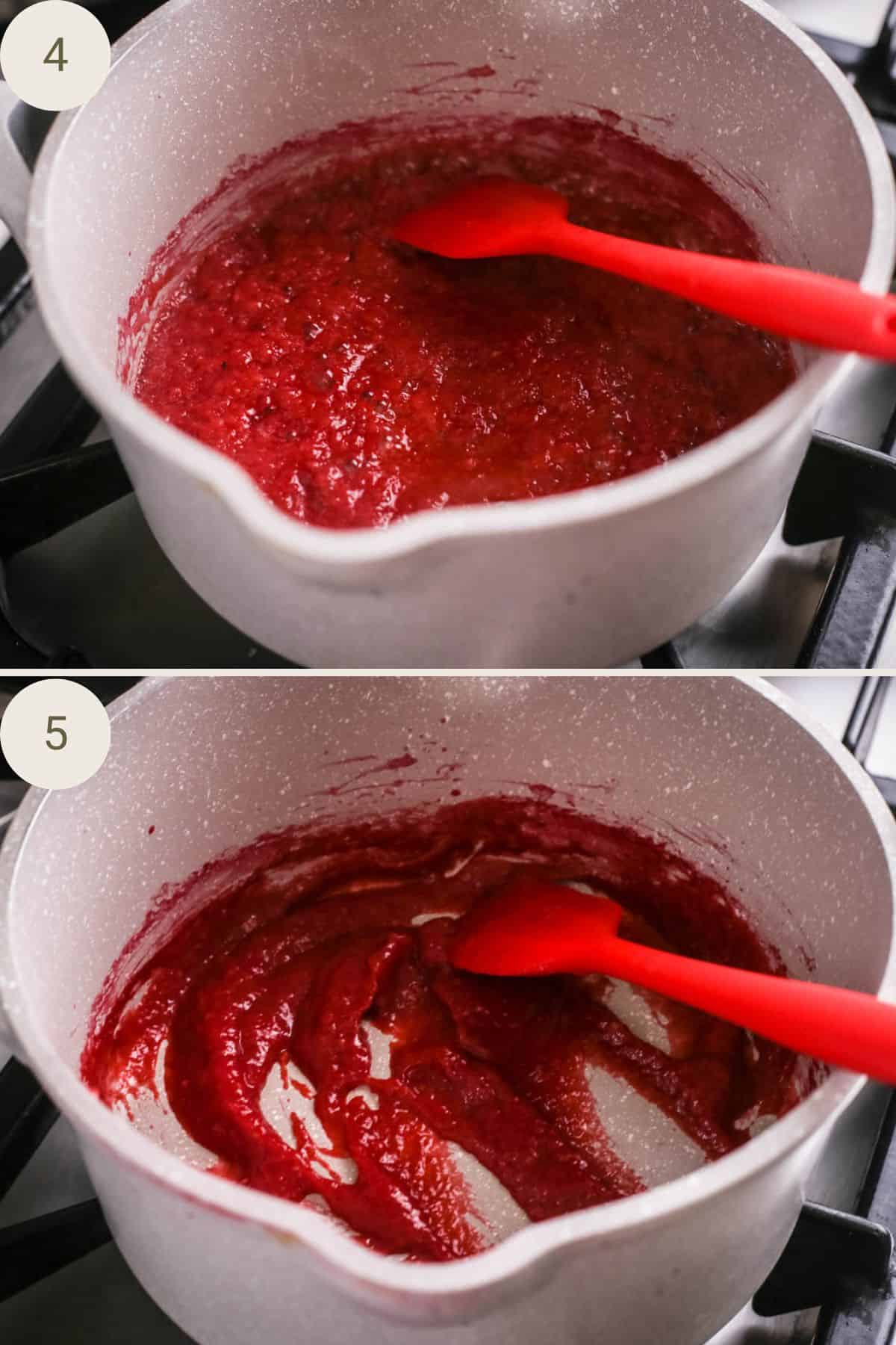 Raspberry puree cooking in medium saucepan to reduce and thicken. Stirred with mini silicone spatula until thick and jammy.