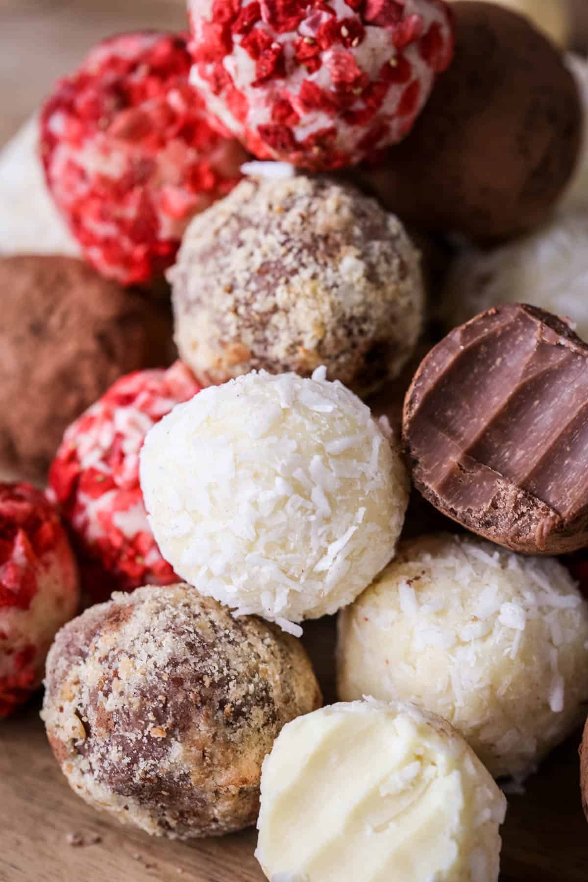 White and Milk Chocolate Truffles in a pile.