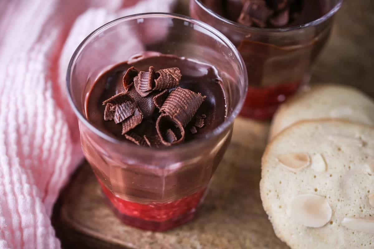 Chocolate Pots for Two with fruity raspberry bottom layer.