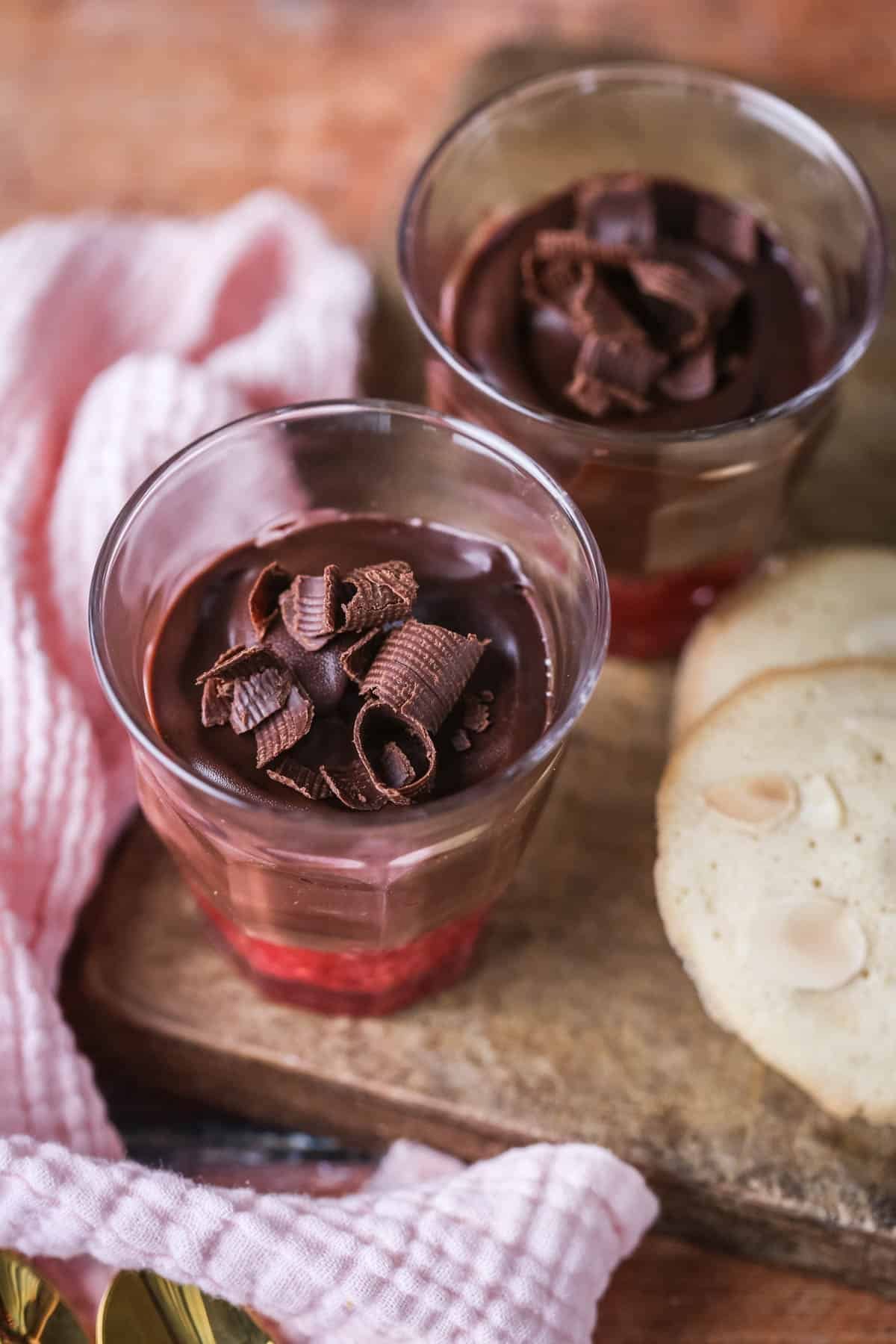 Chocolate Pots for Two with fruity raspberry bottom layer.