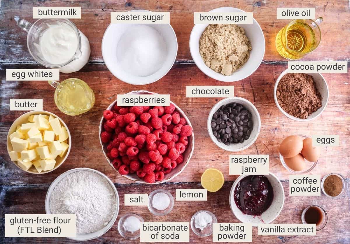 Gluten-Free Chocolate Raspberry Cake ingredients on a table.