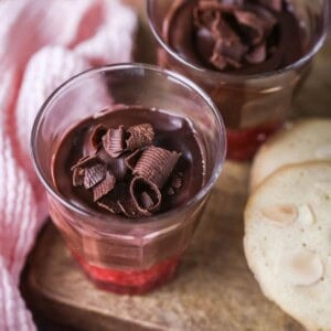 Chocolate Pots for Two with fruity raspberry bottom layer.