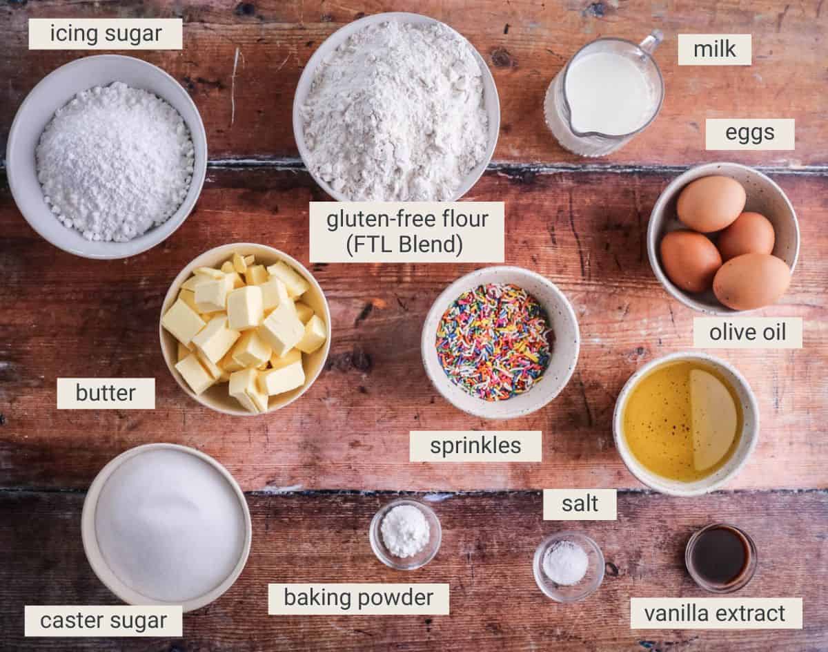 Gluten-Free Funfetti Cupcakes ingredients on a table.
