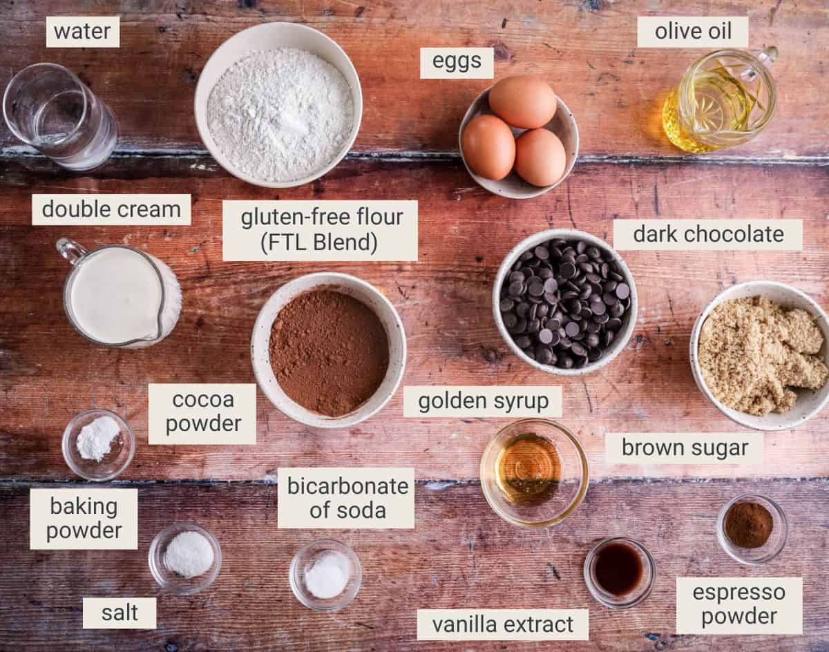 Chocolate Fudge Cake ingredients on a table.