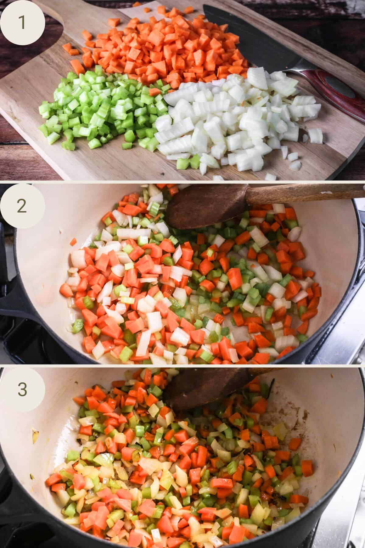 Sofrito vegetables diced on a chopping board. Added to large saucepan. Cooked until transluscent.