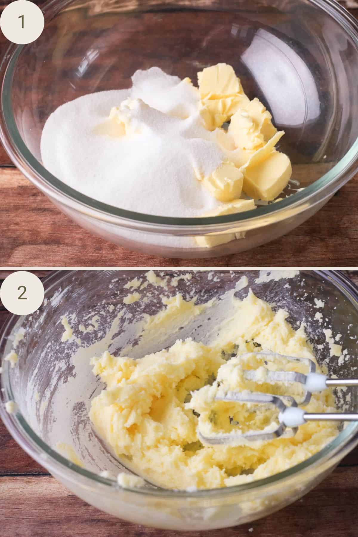 Sugar and butter in a mixing bowl. Mixed together with electric beater until light and fluffy.