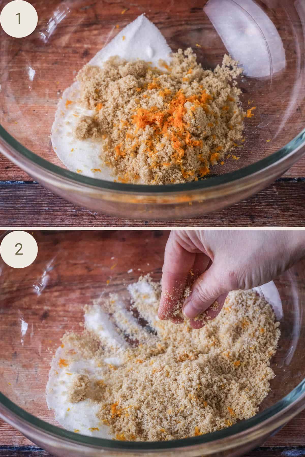 Orange zest added to sugars in large mixing bowl. Fingertips rubbing in orange zest.