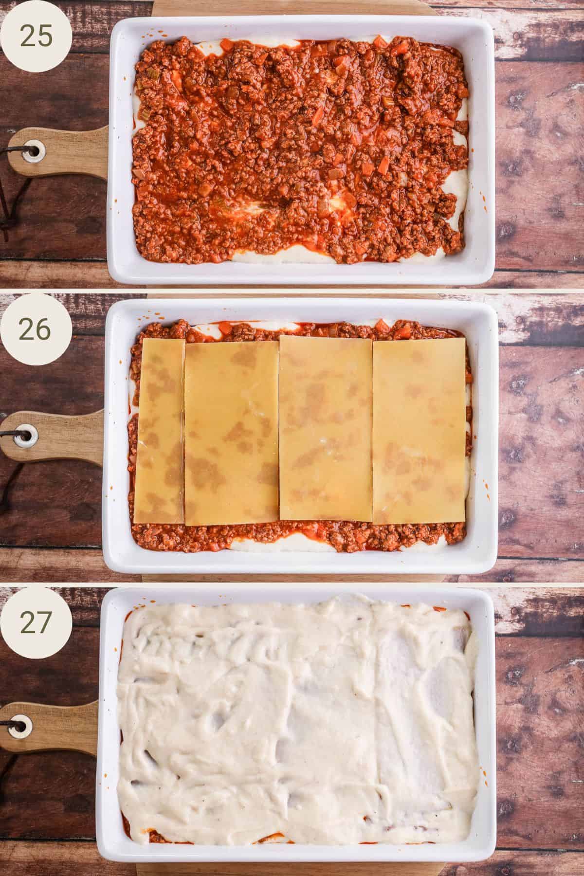 4th layer of lasagne. Ragu sauce, pasta sheets, bechamel sauce evenly spooned over.