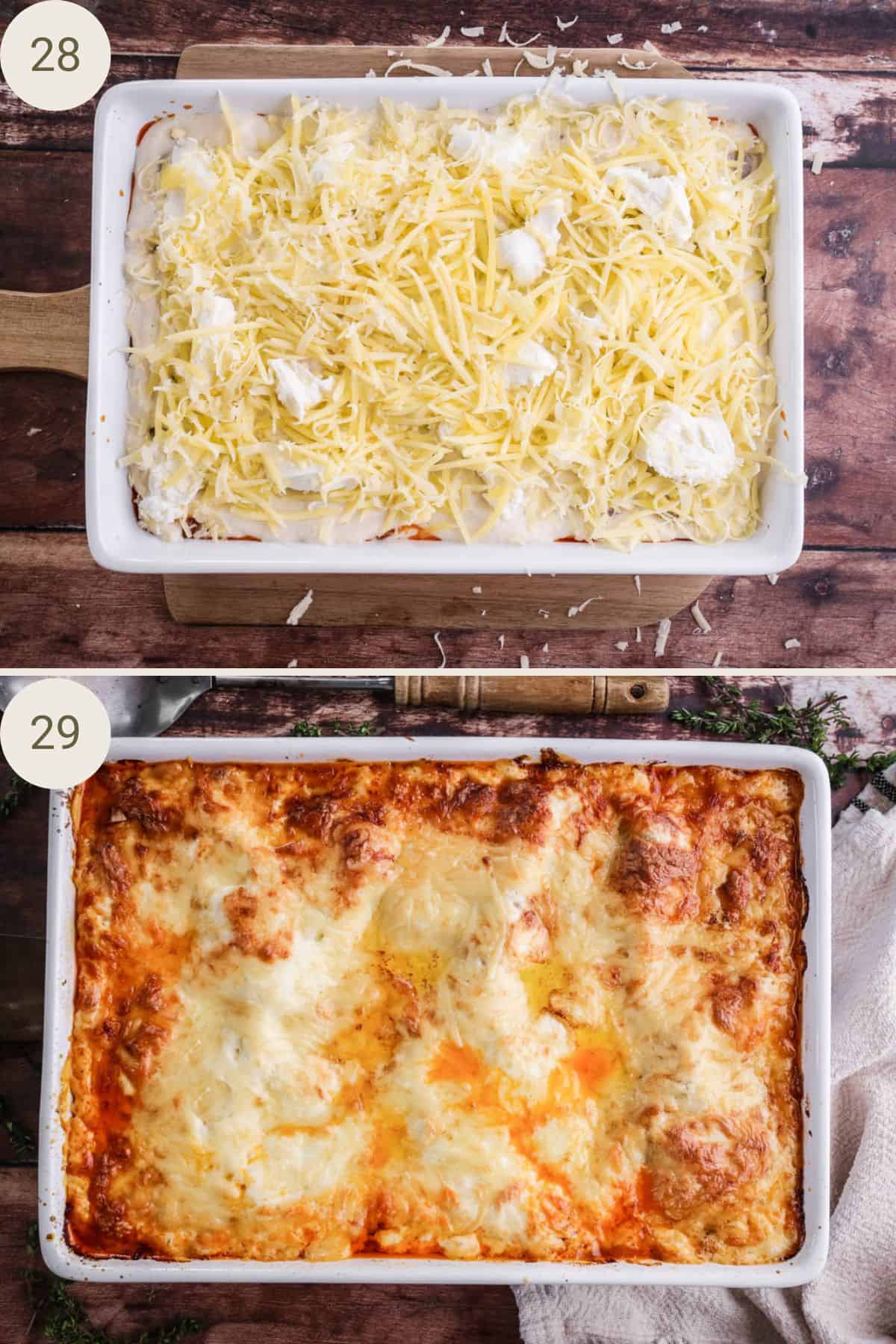 Cheese added to top of lasagne. Baked until golden and bubbling.