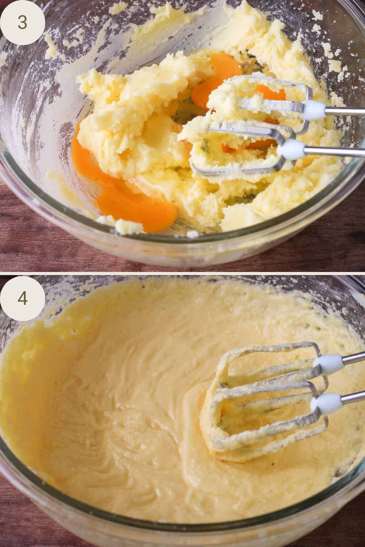Eggs added to butter and sugar. Whisked to combine.
