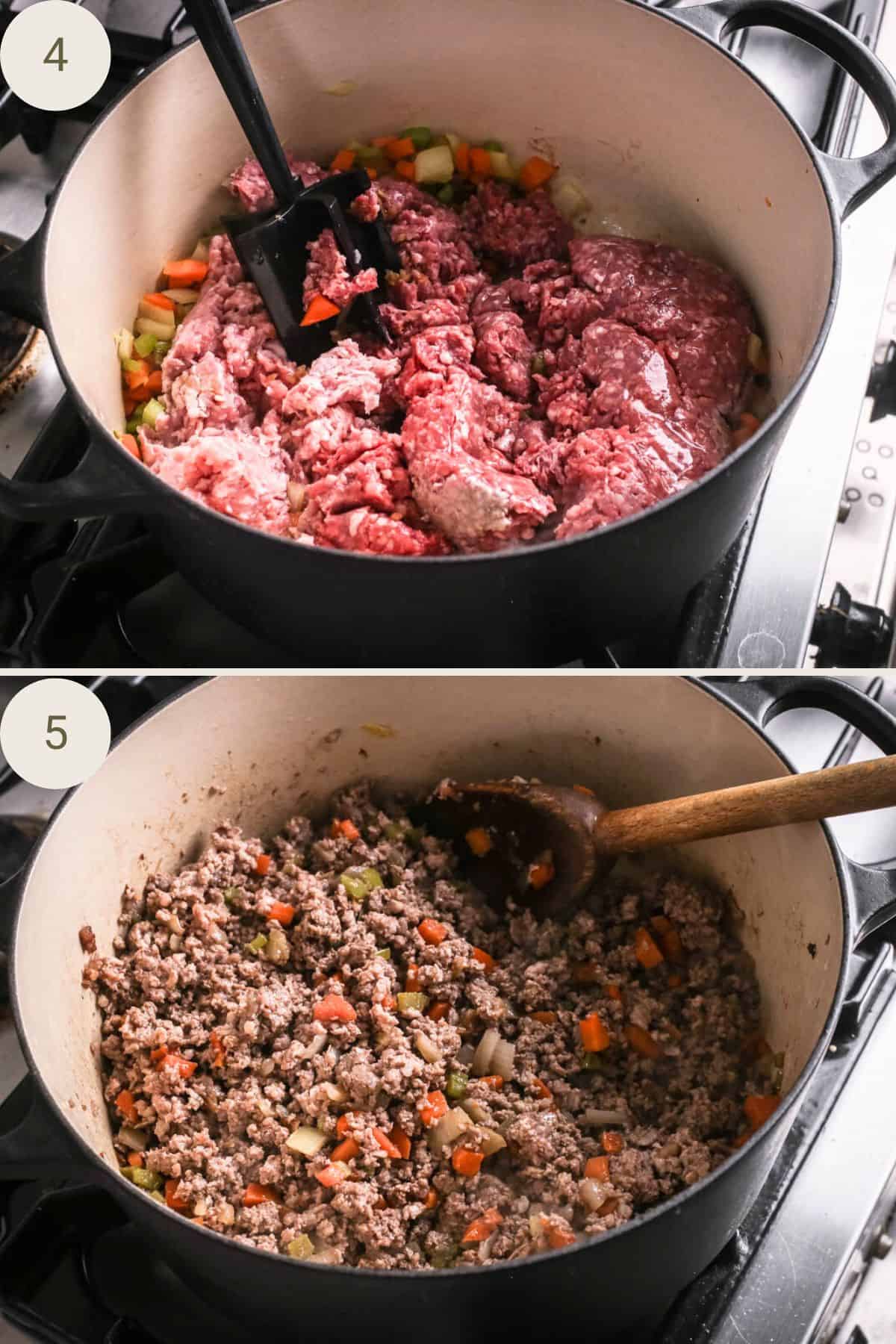 Pork and beef mince added to saucepan and cooked to brown.