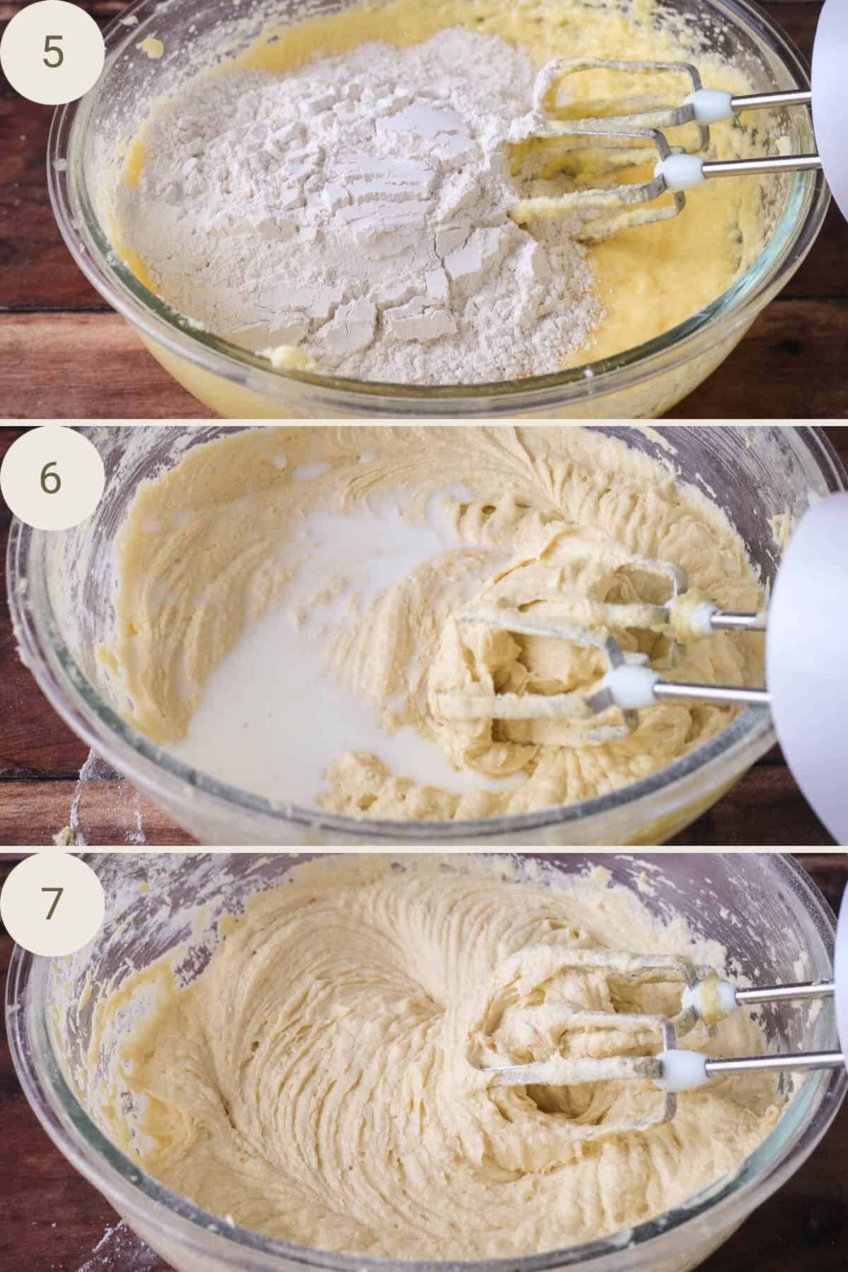 Flour added to dry ingredients. Milk added to the sponge batter. Sponge batter mixed and in the mixing bowl.