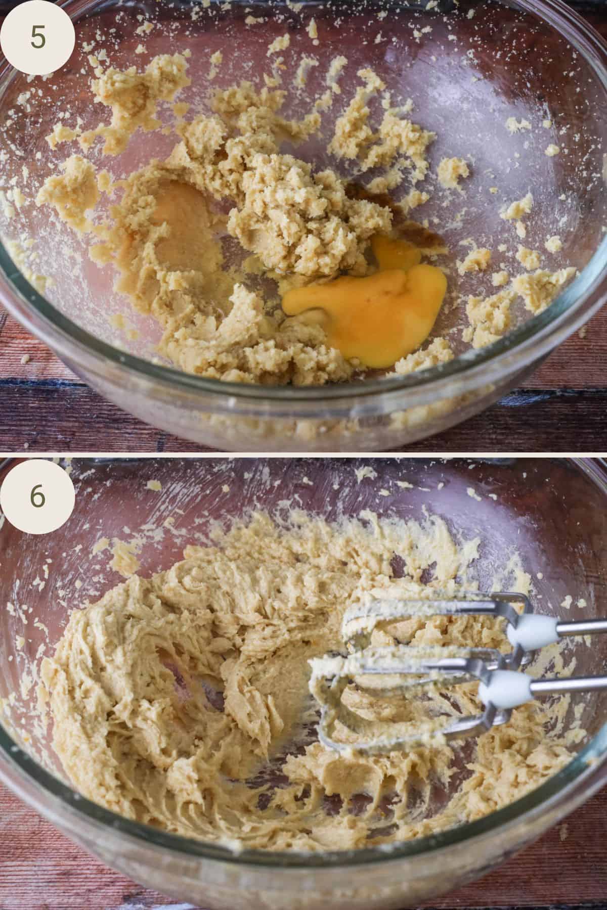 Egg added to sugar and butter. Mixed together using electric beater.