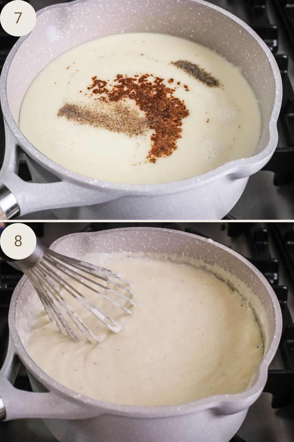 Seasonings added to bechamel and stirred until thick and creamy.