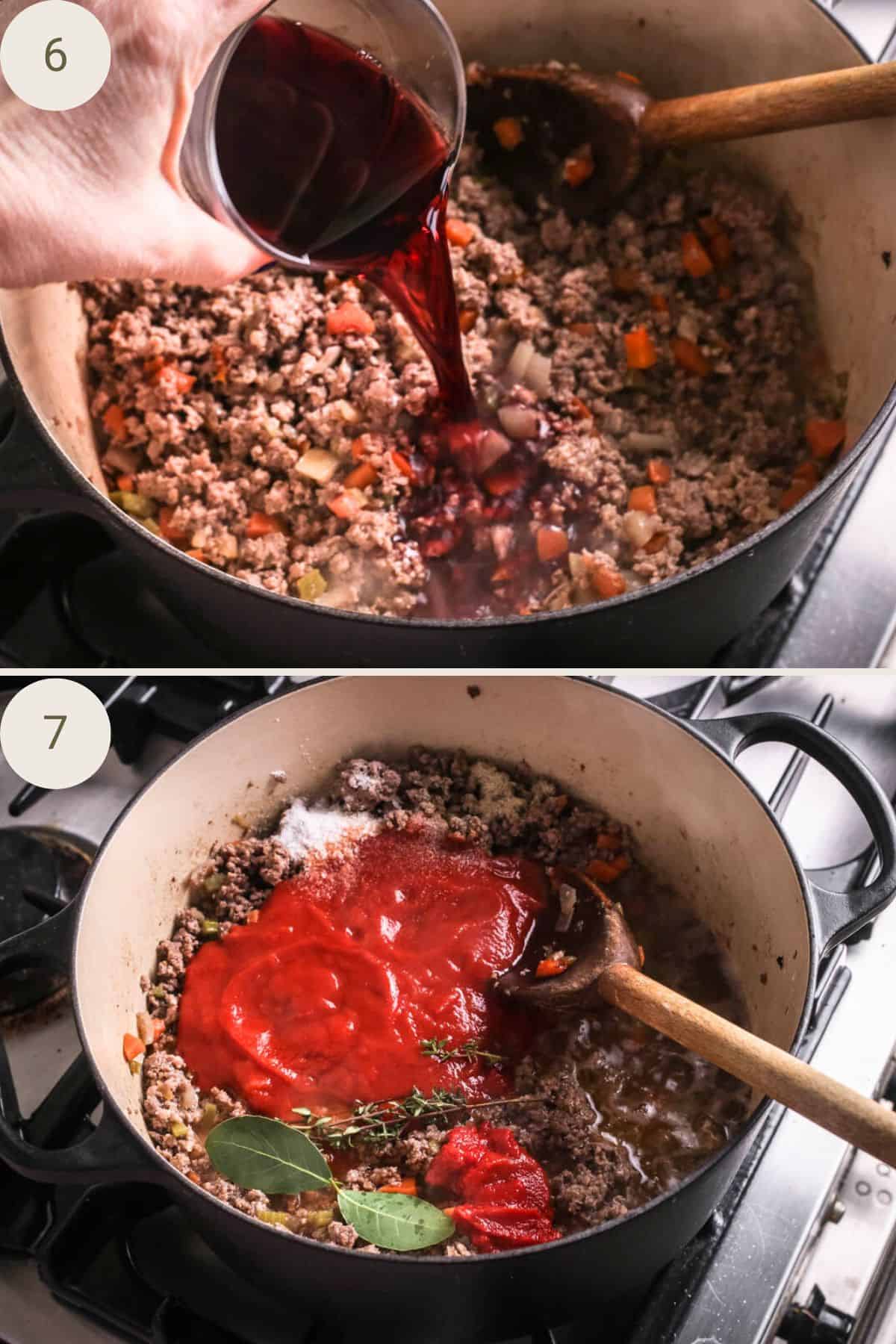 Red wine added to mince mixture. Passata added to mixture.