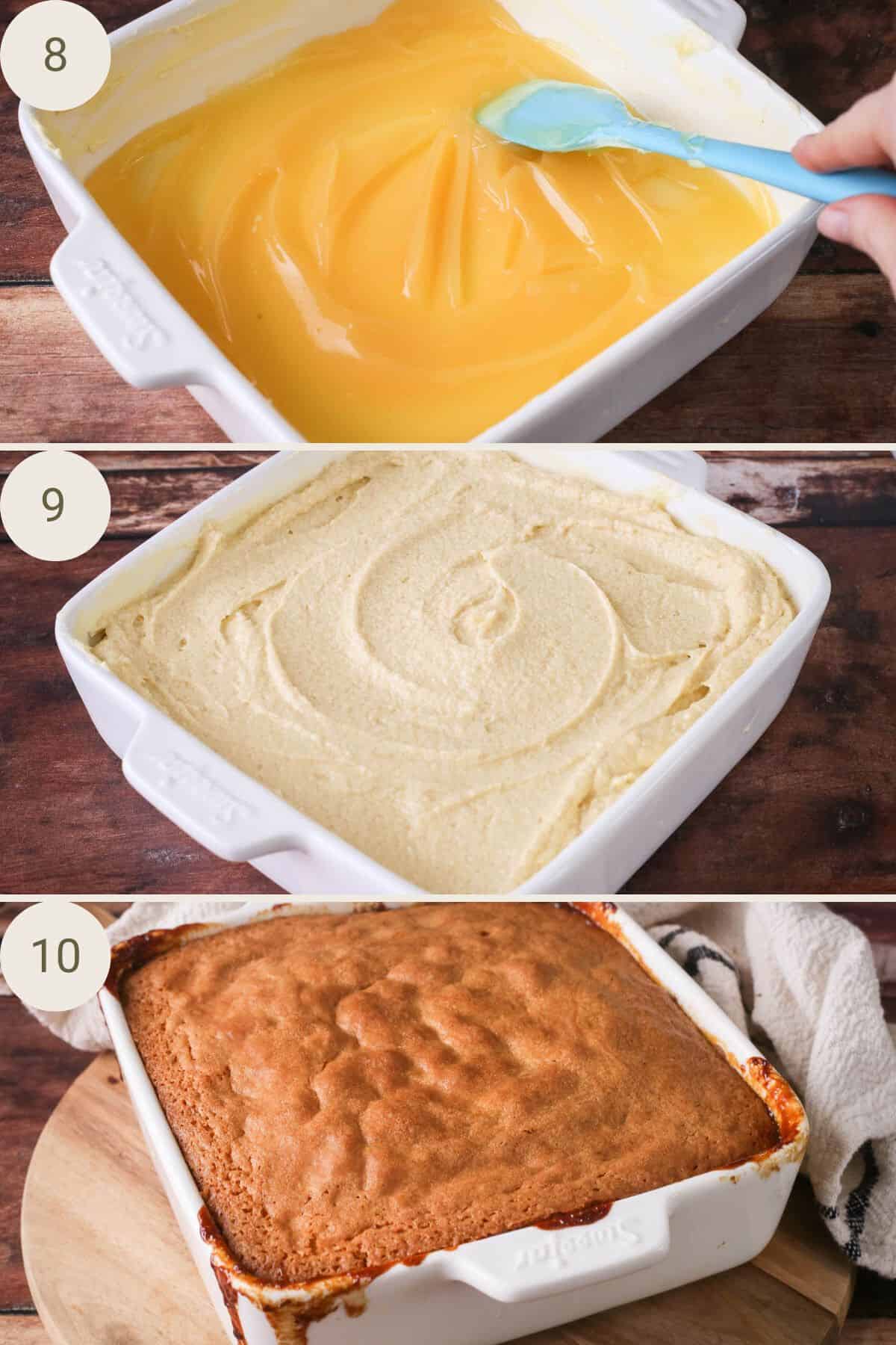 Lemon curd spread at bottom of baking dish. Sponge batter poured over the top. Baked and golden fresh from the oven.