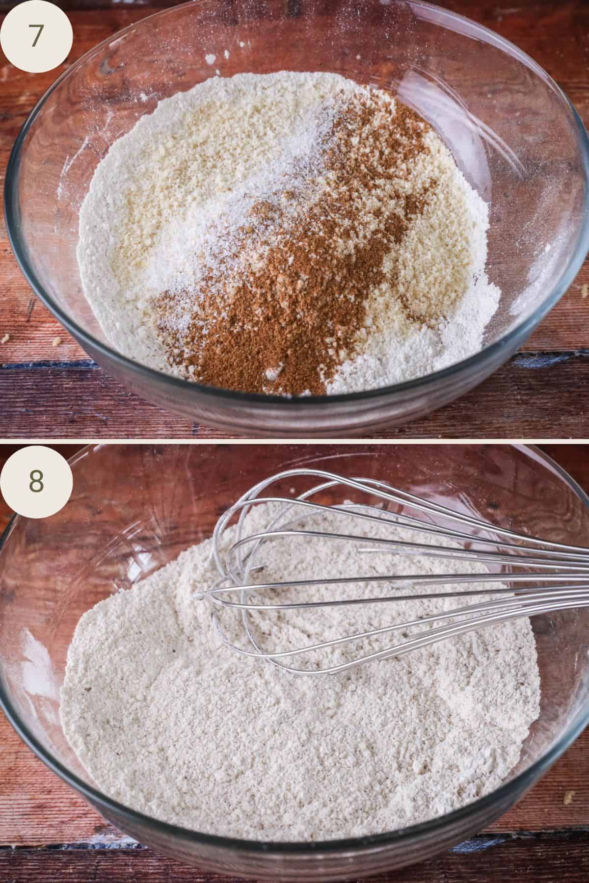 Flour, almond flour, spice, raising agent and salt mixed together in a glass mixing bowl.