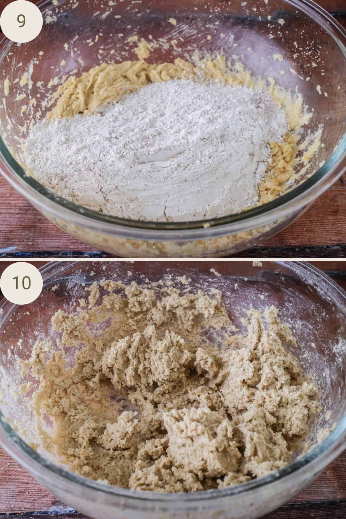 Flour added to wet ingredients. Mixed together.