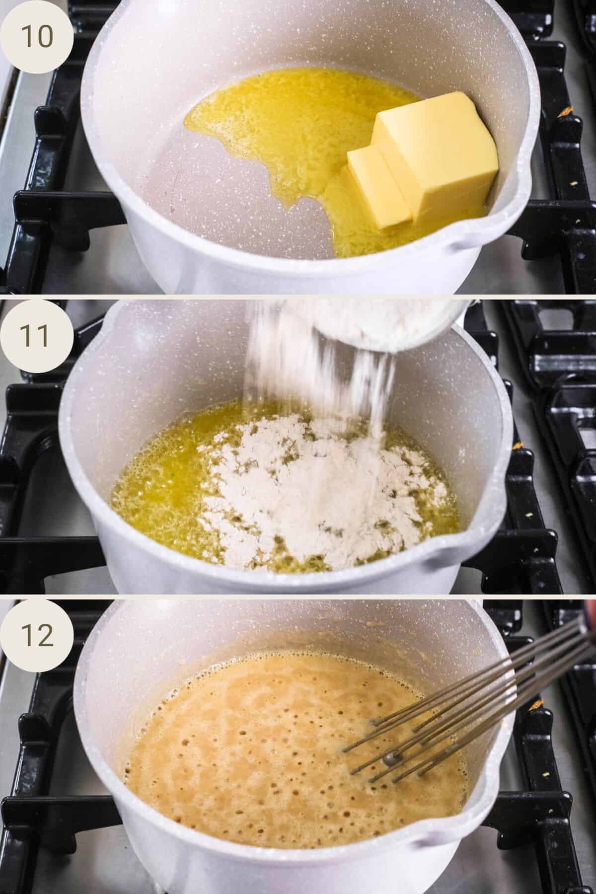 Butter added to saucepan and melted. Flour added. Mixed together with whisk.