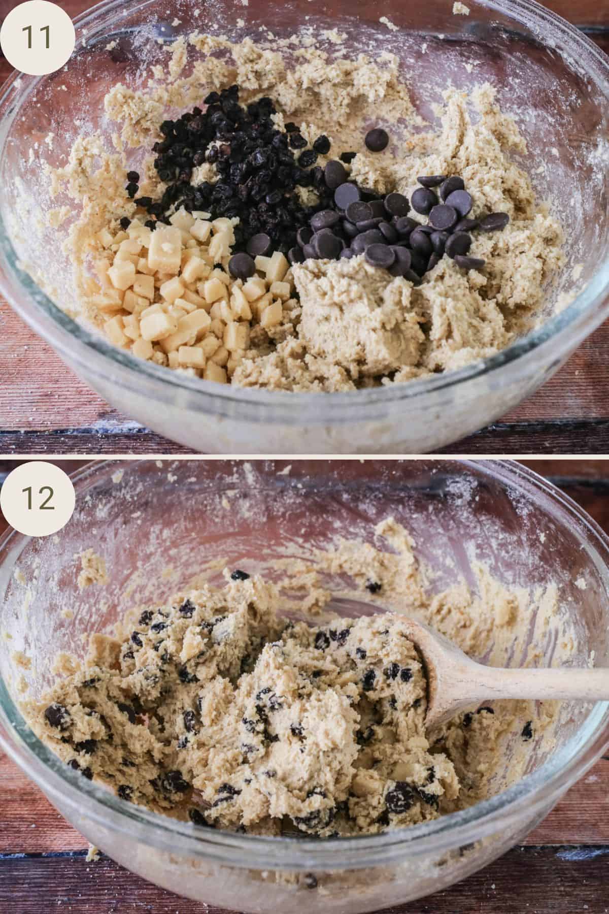Diced marzipan, currants and chocolate chips added to cookie dough in bowl. Mixed together with wooden spoon.