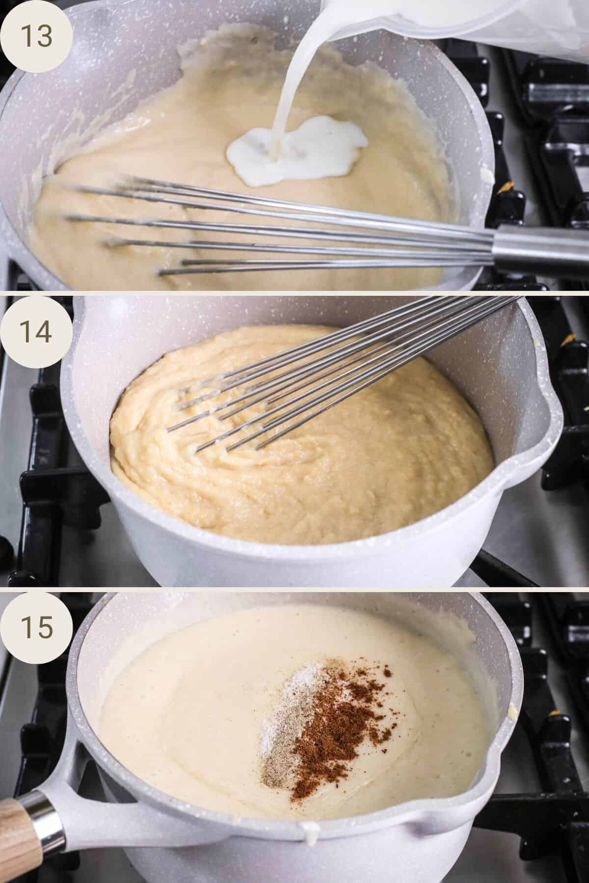 Milk added to roux, mixed gradually to thicken. Seasonings added.