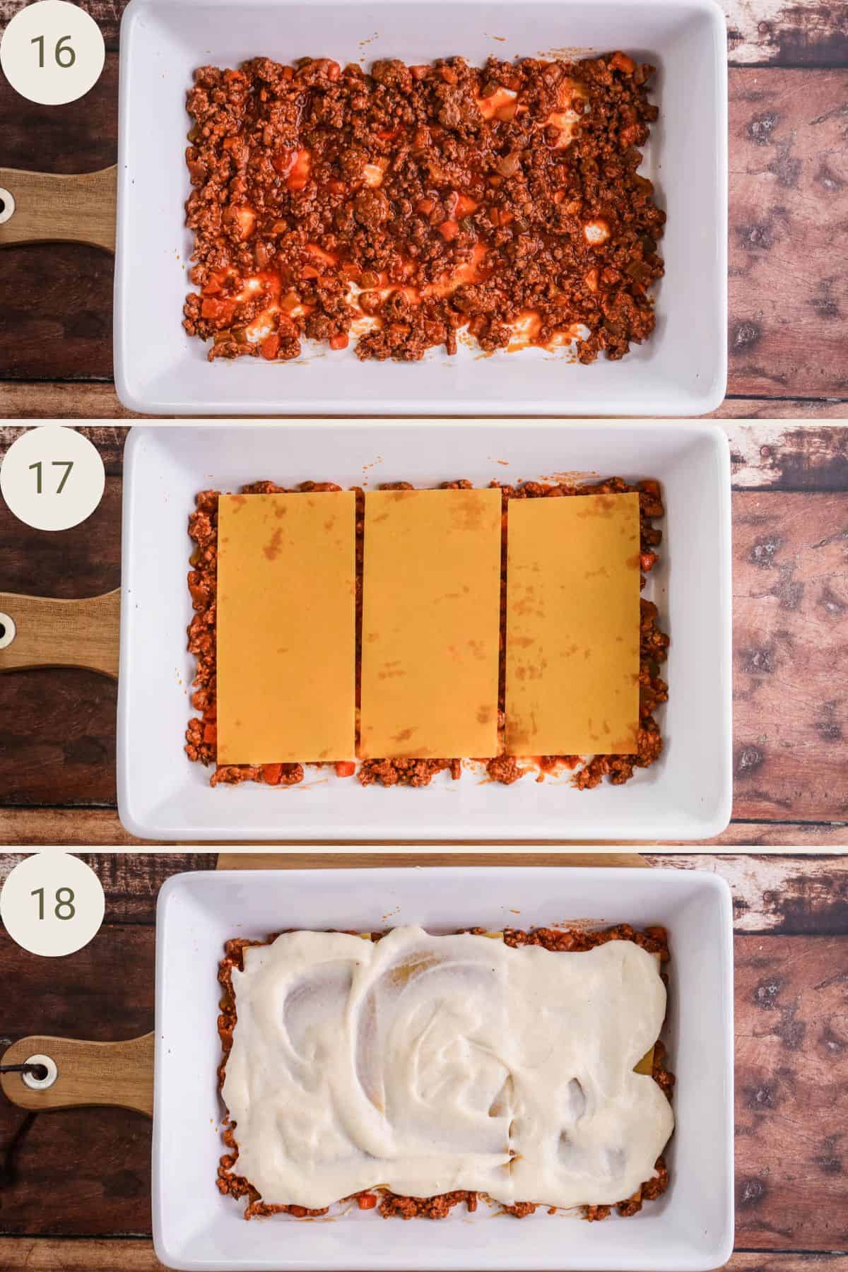 1st layer of lasagne. Ragu sauce, pasta sheets, bechamel sauce evenly spooned over.