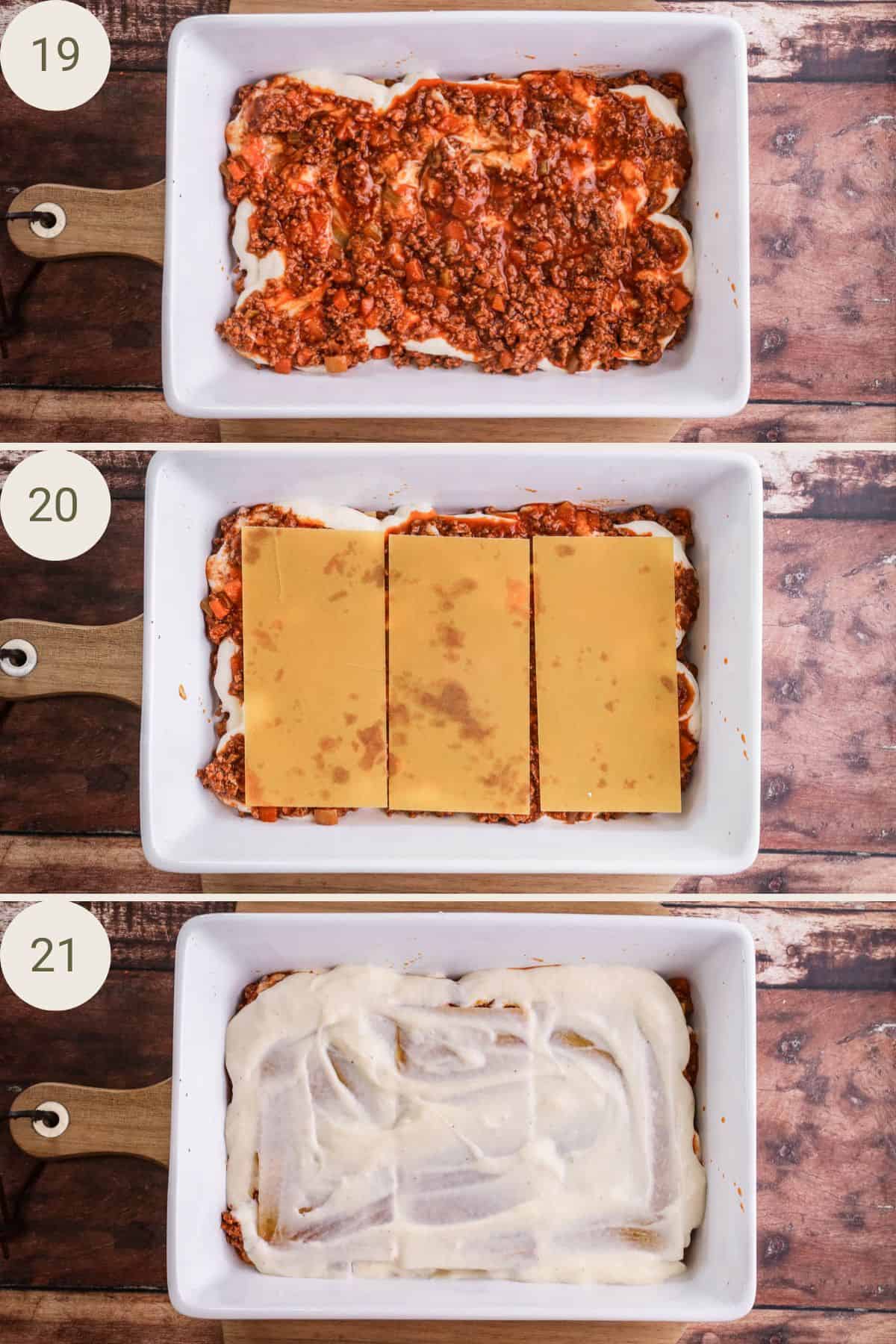 2nd layer of lasagne. Ragu sauce, pasta sheets, bechamel sauce evenly spooned over.