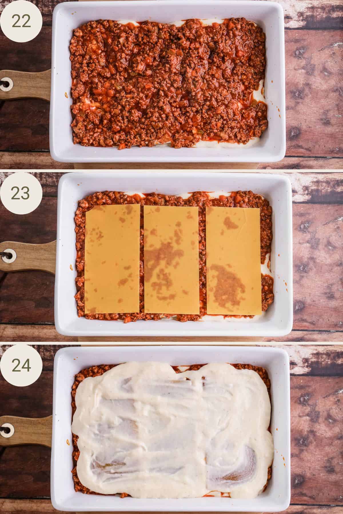 3rd layer of lasagne. Ragu sauce, pasta sheets, bechamel sauce evenly spooned over.