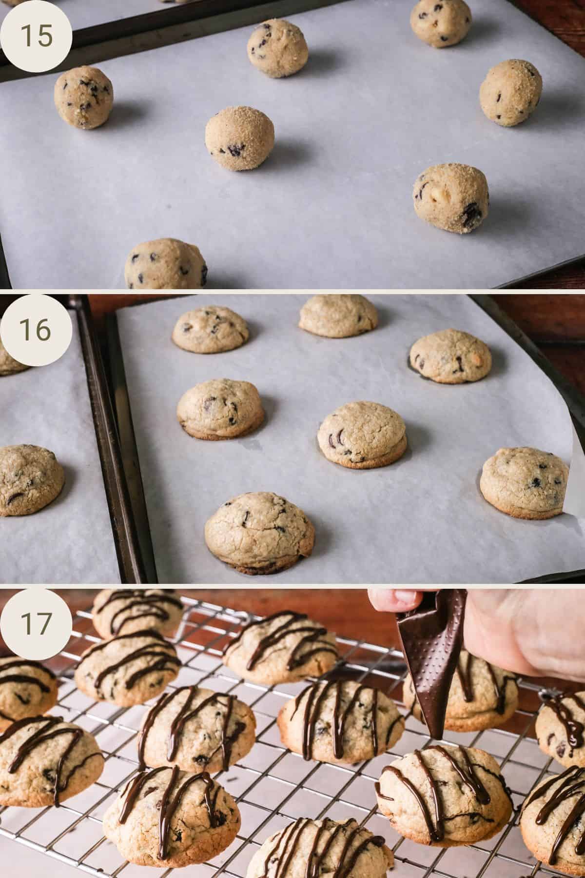 Cookie dough balls on baking tray before baking and after baking having slightly spread. Dark chocolate drizzled over the top of each cookie.