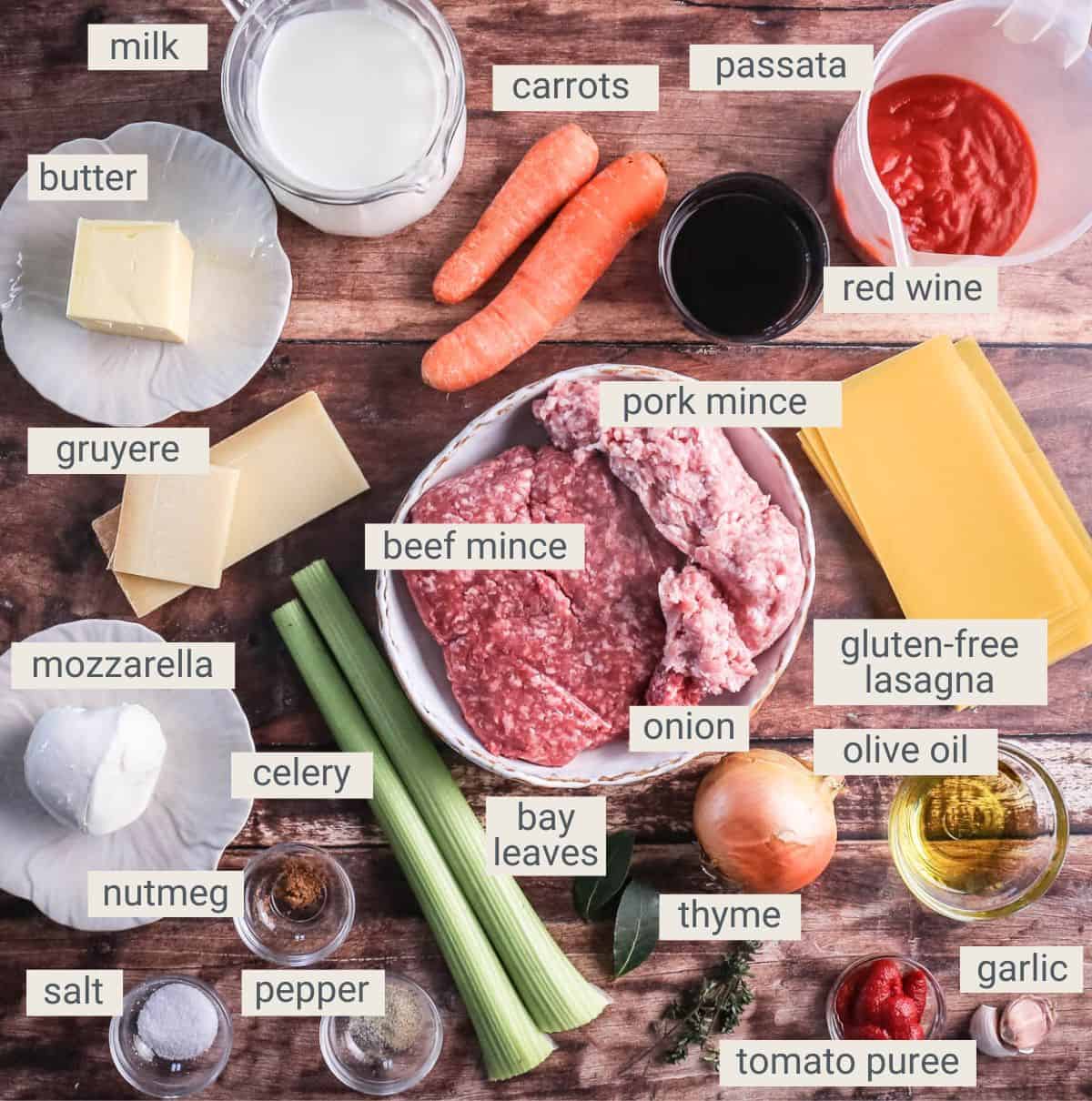 Gluten-Free Lasagne ingredients on table.