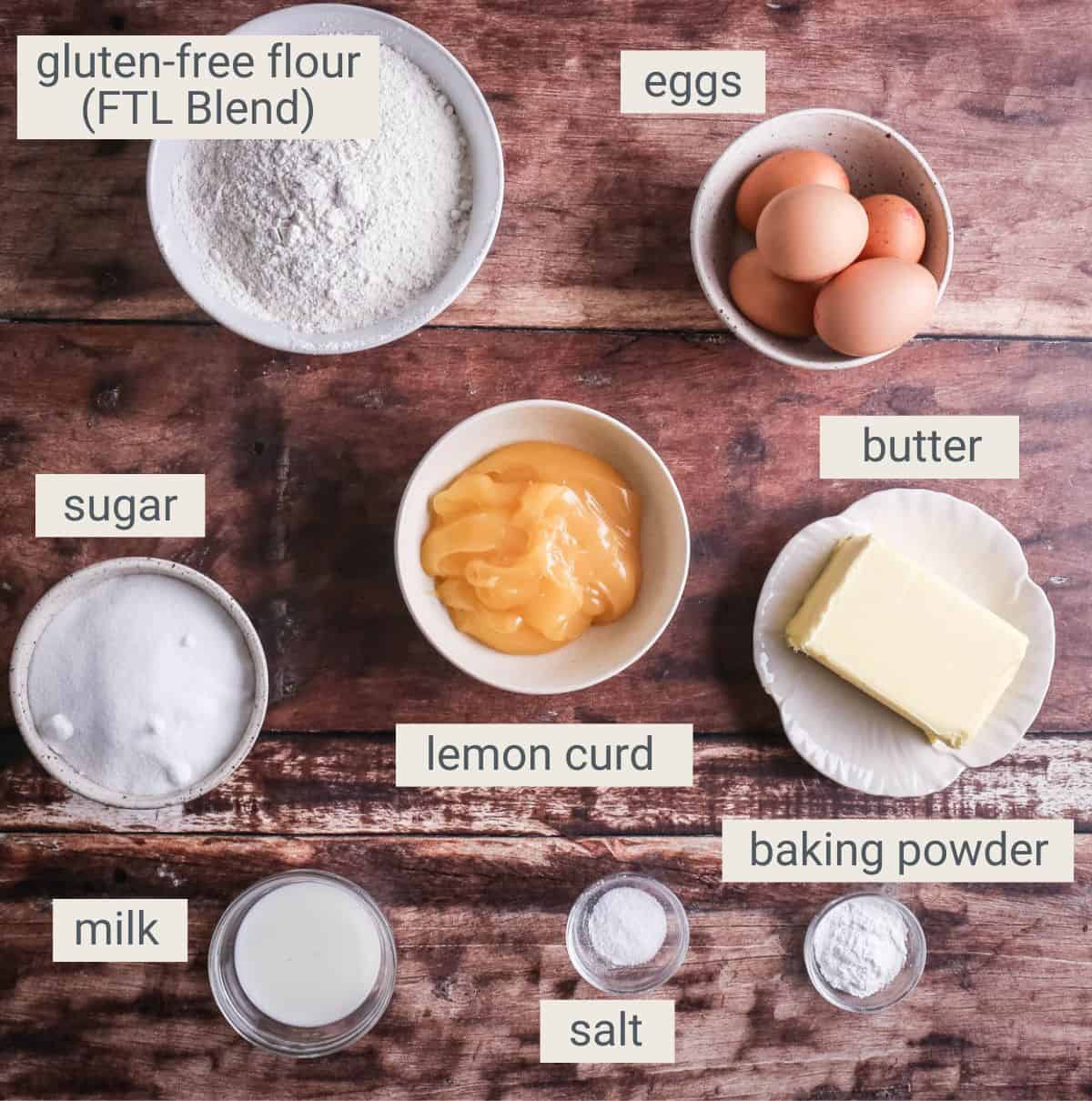 Gluten-Free Lemon Curd Sponge Pudding ingredients on a table.