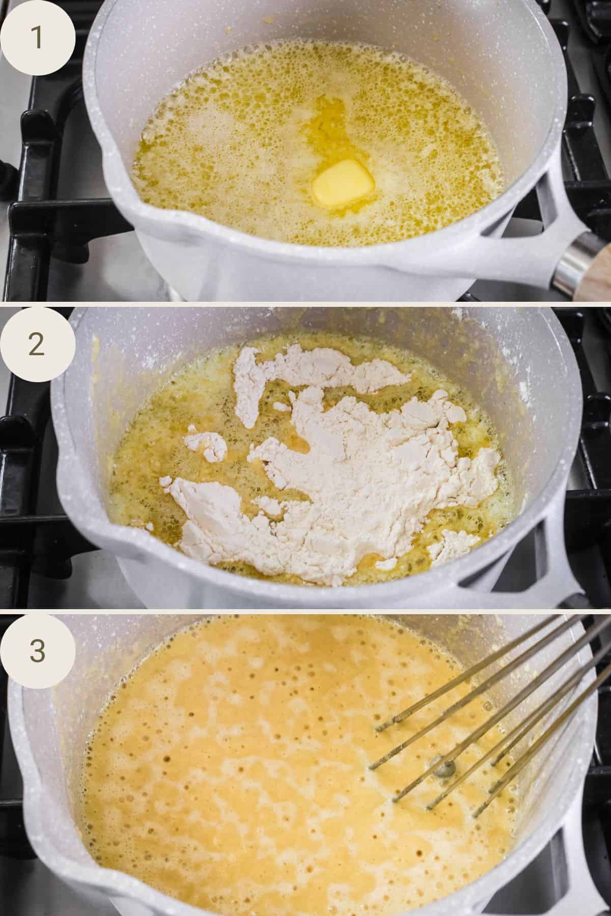 Butter melted in saucepan. Sweet rice flour (or cassava flour) added to melted butter. Whisked in with ball whisk.
