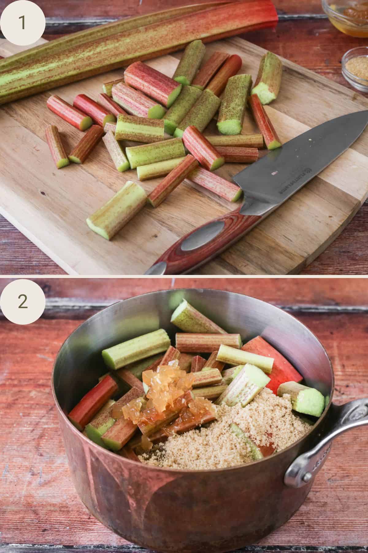 Rhubarb chopped into 3-5cm pieces. Placed in a saucepan with stem ginger, syrup, brown sugar and vanilla.
