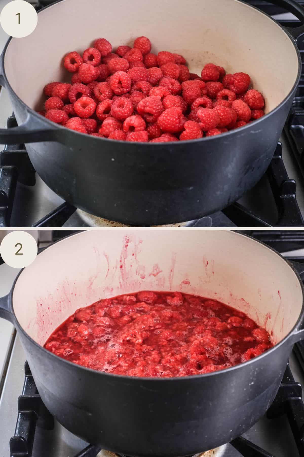 Raspberries in a large preserving pan. Cooked down for 5 minutes until softened.