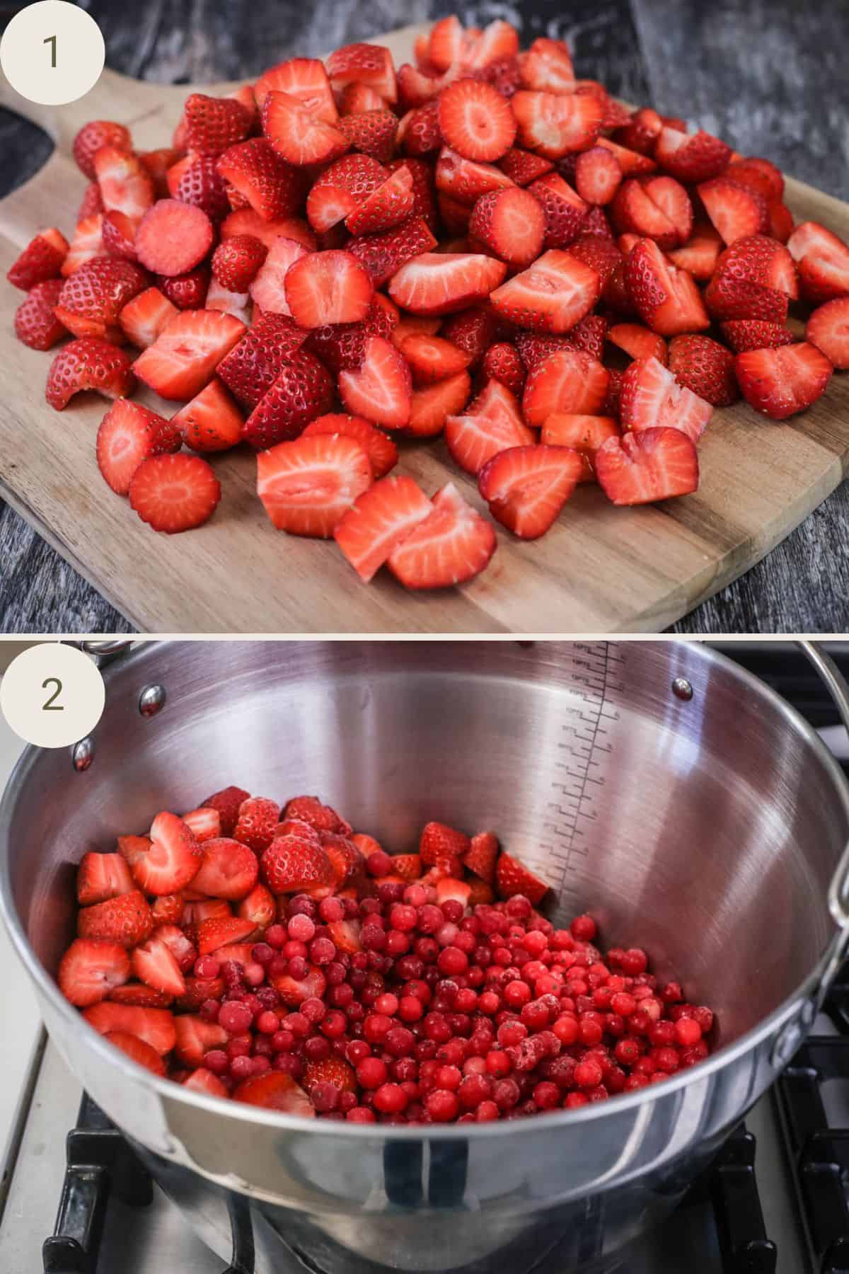 Chopped strawberries. Placed in a maslin pan with redcurrants.
