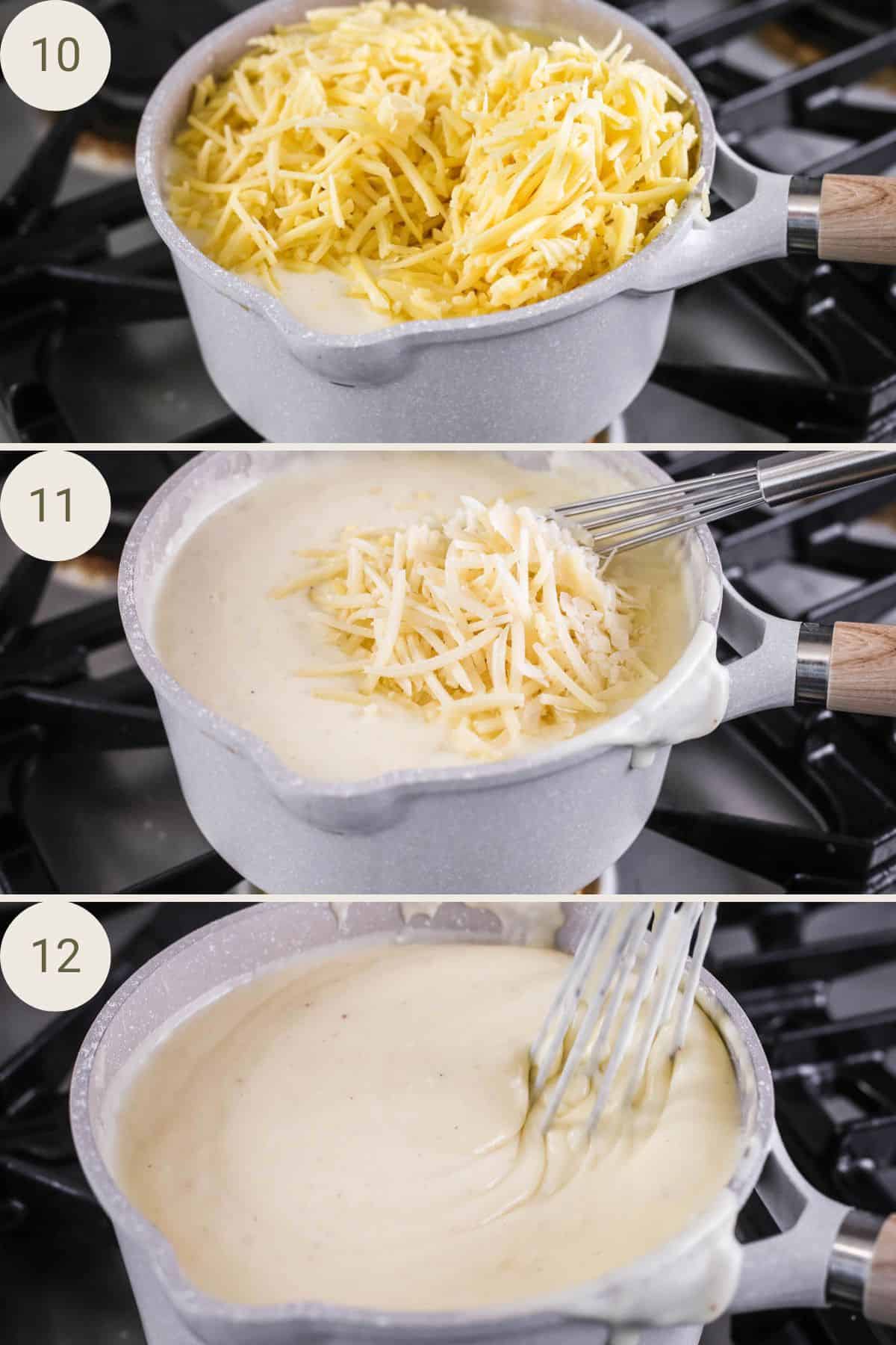 Grated cheese added to sauce and whisked in until smooth.