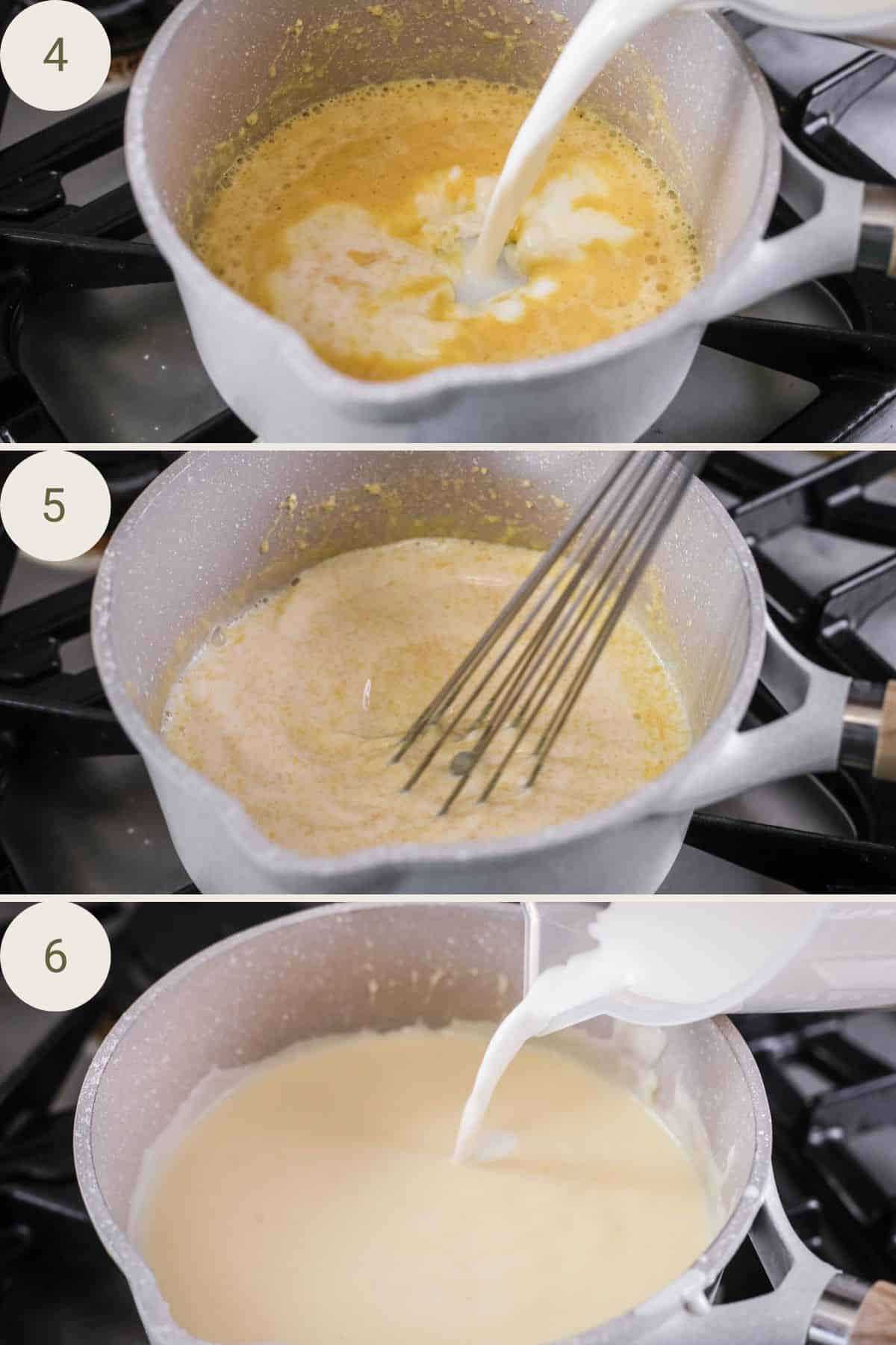 Milk poured into roux gradually, whisking all the time until the sauce is thick and smooth.