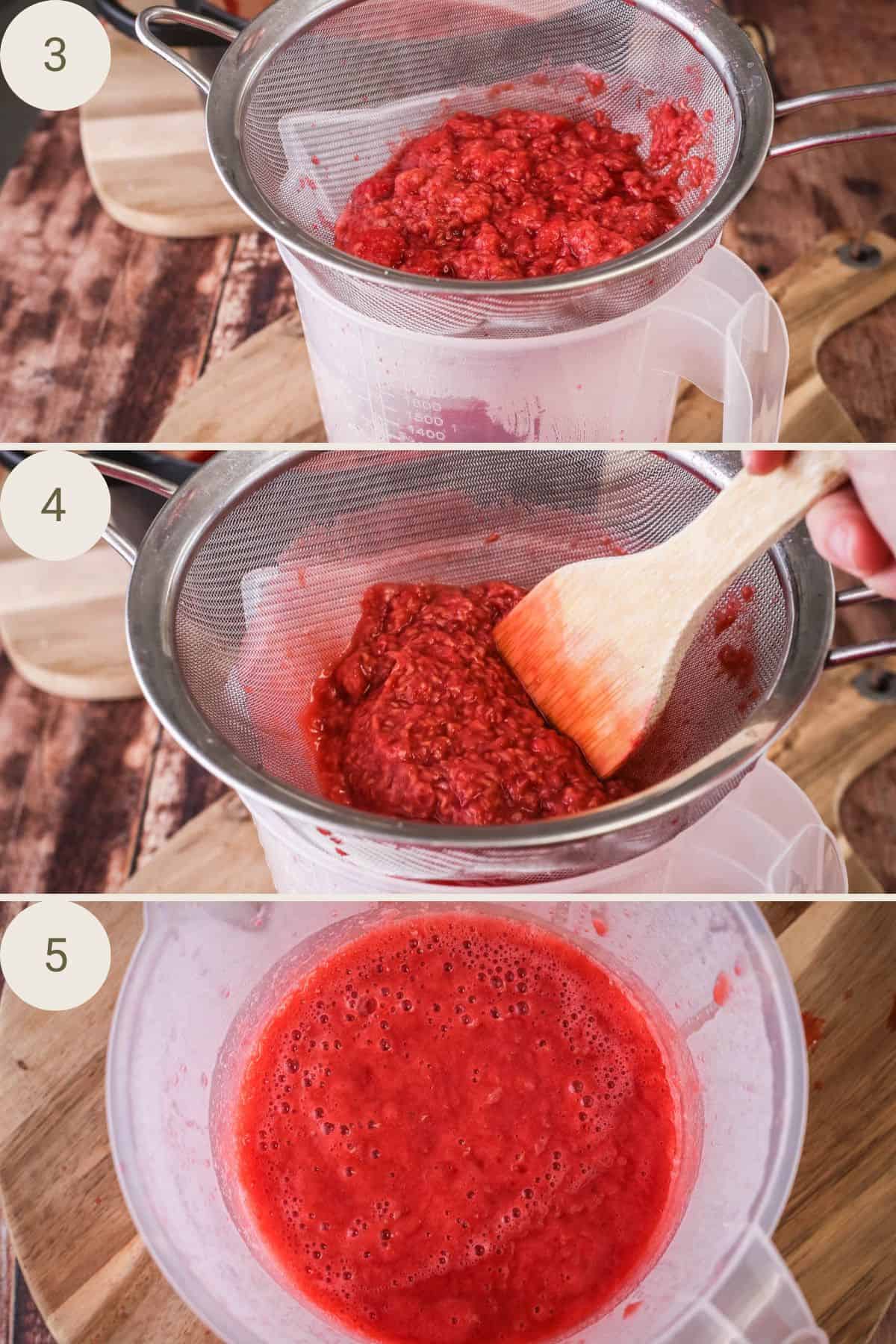 Raspberries pushed through sieve into measuring jug with a wooden spoon so seedless puree remains.
