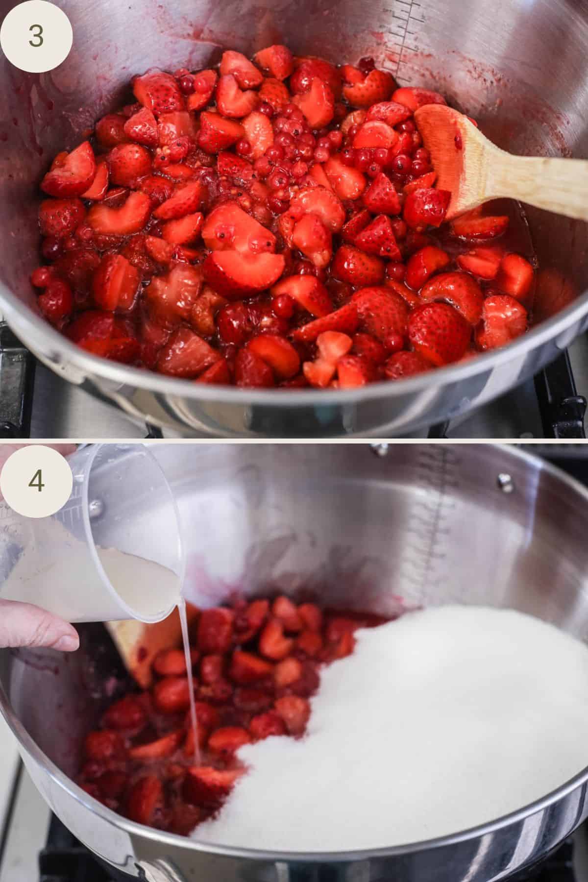 Strawberries and redcurrants heated until soft and juicy. Sugar and lemon juice added.