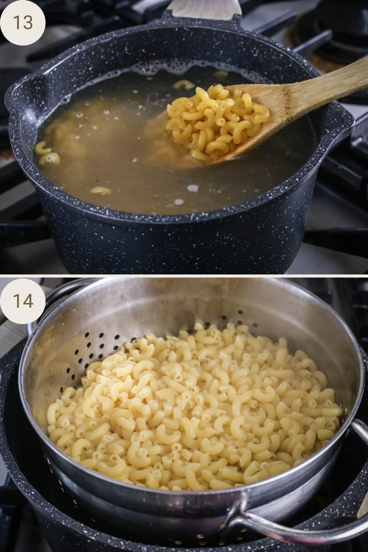 Pasta boiled in a large saucepan but crucially undercooked. Drained in a colander.