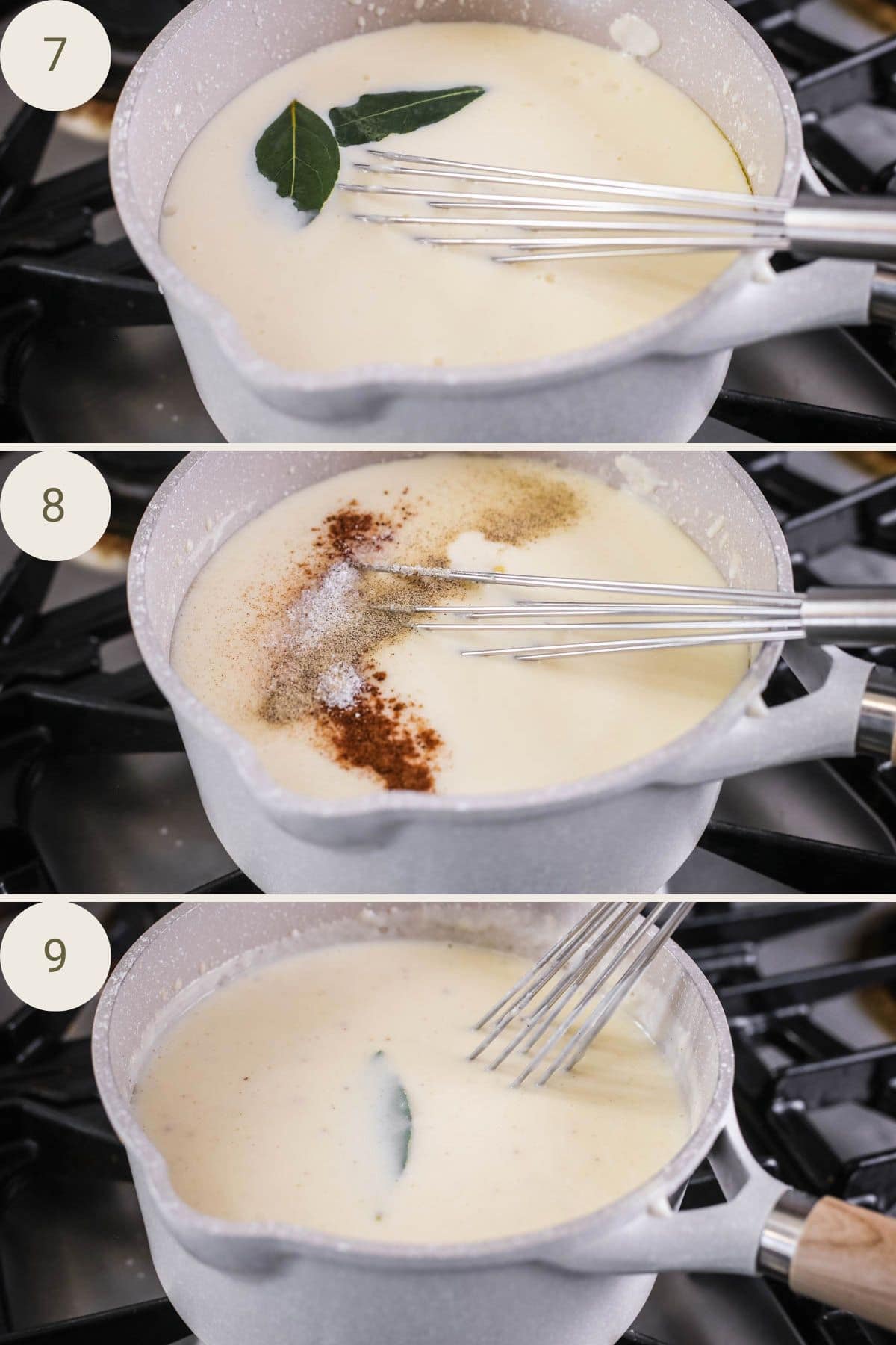 Bay leaves added to sauce in pan, followed by seasonings. Whisk in to combine.