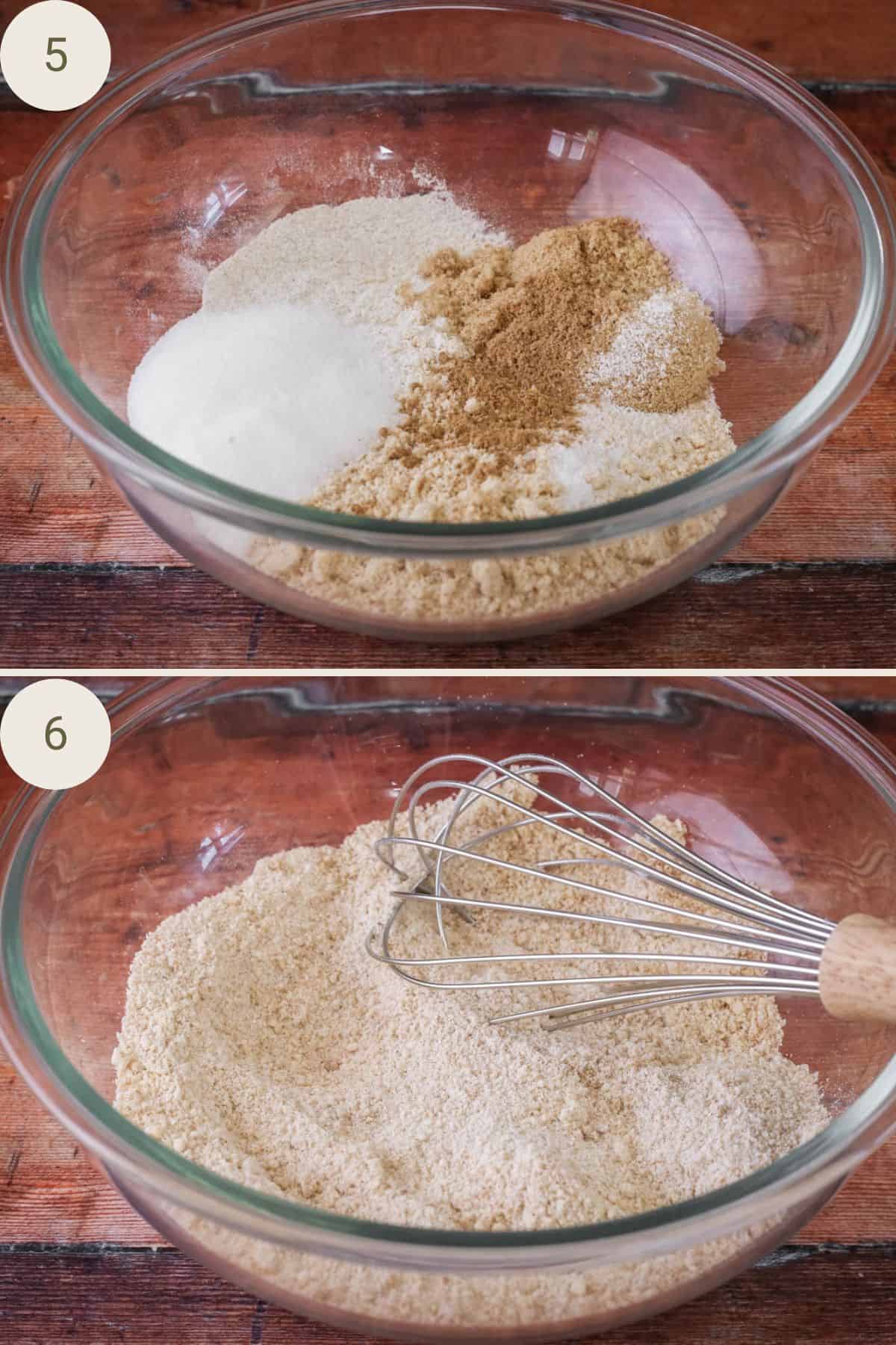 Dry ingredients whisked together in a glass mixing bowl.