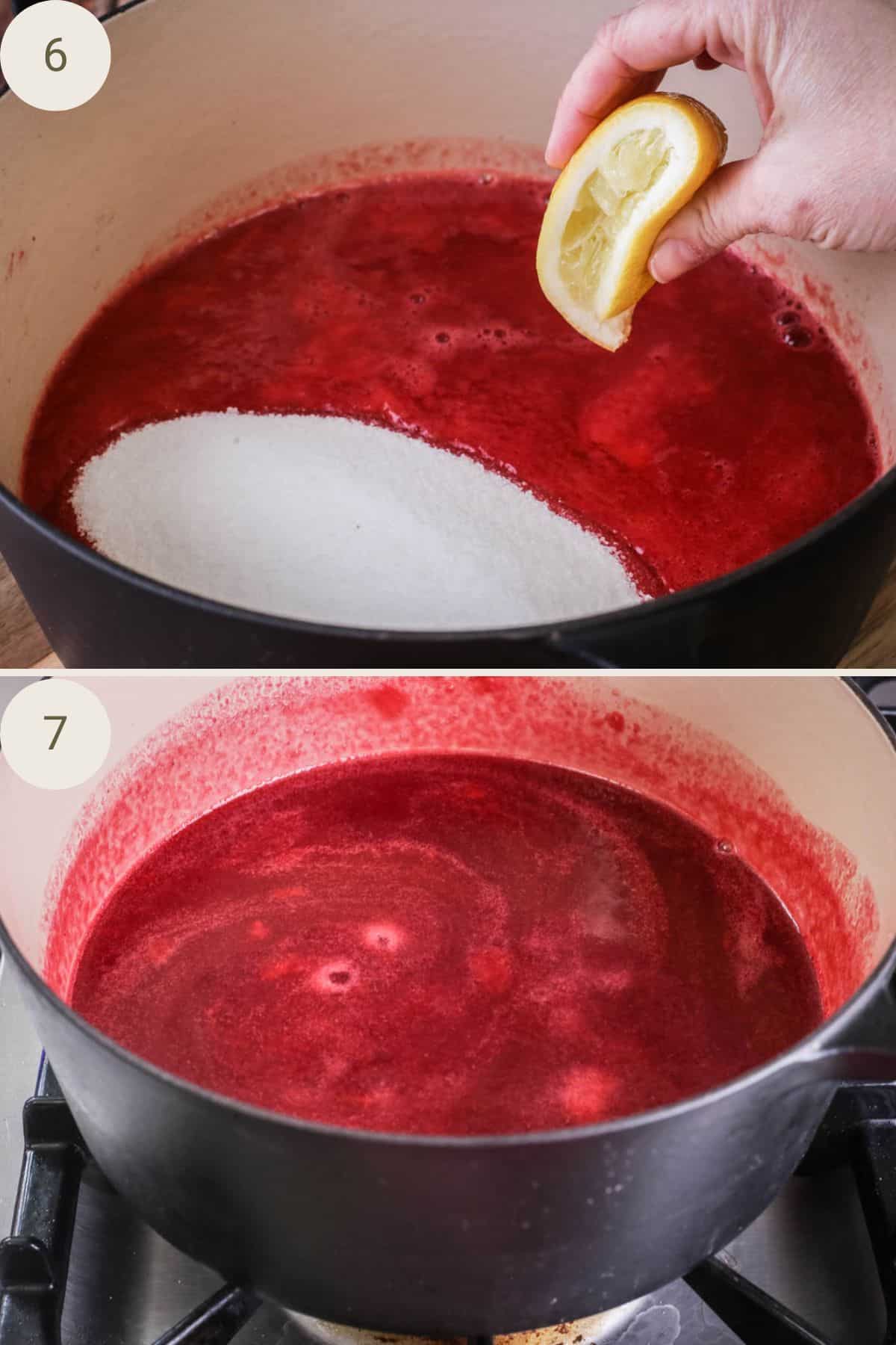 Seedless raspberry puree placed in a preserving pan with sugar and lemon juice squeezed in. Heated until gentle boiling.