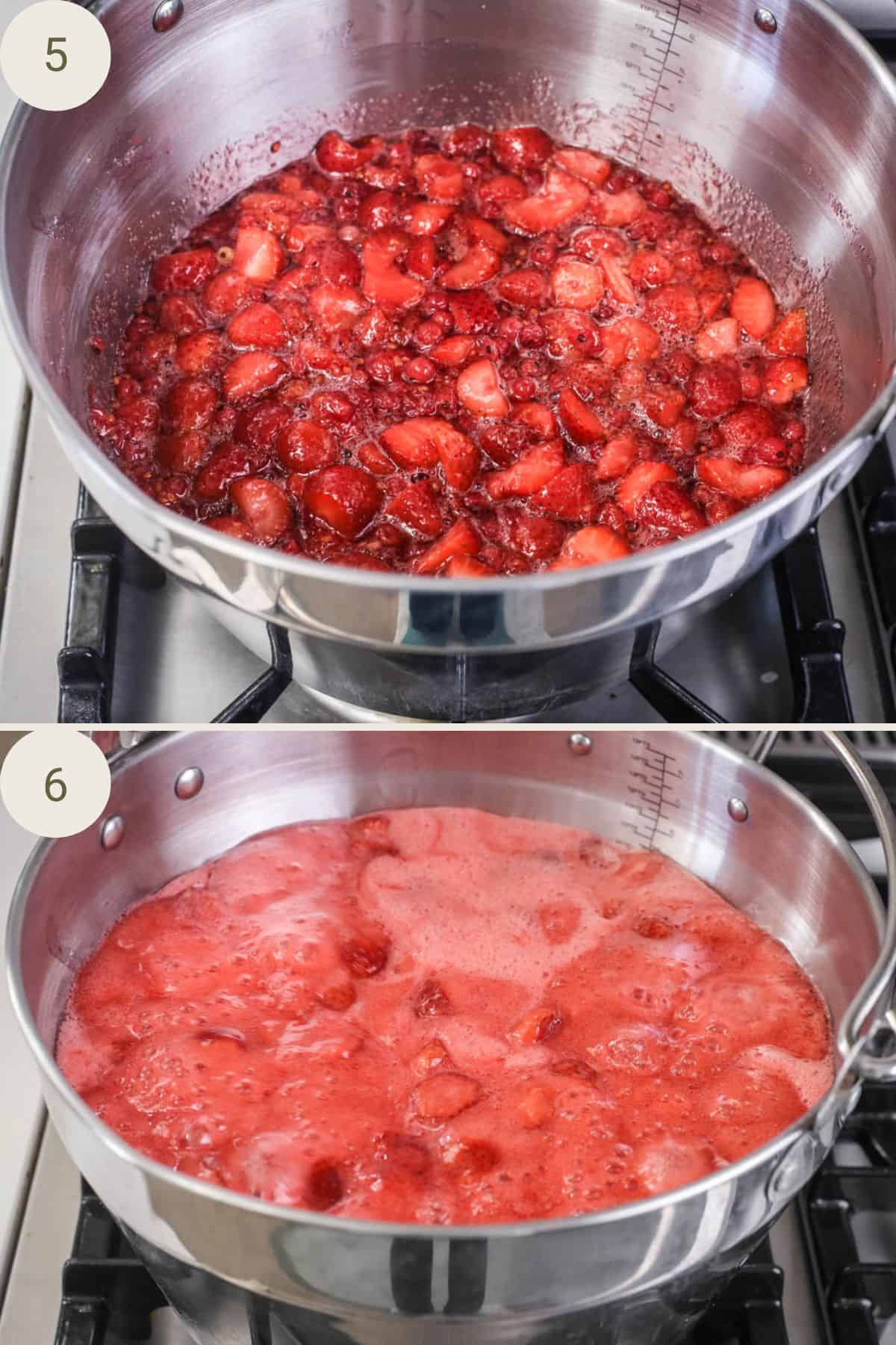 Strawberry redcurrant jam heated in a maslin pan until gentle boiling. At a rolling boil in the maslin pan.