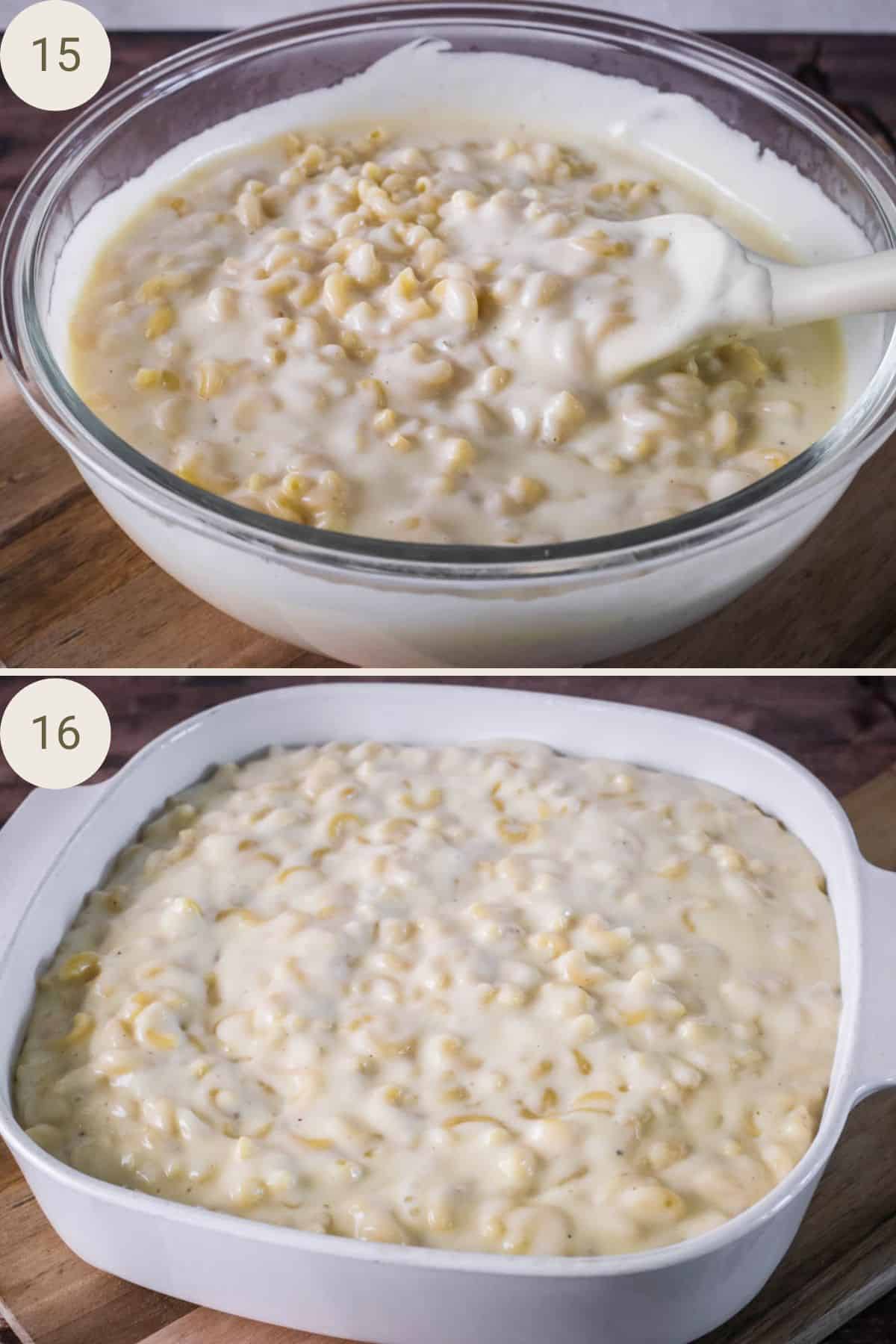 Sauce mixed into pasta then poured into a large baking dish.