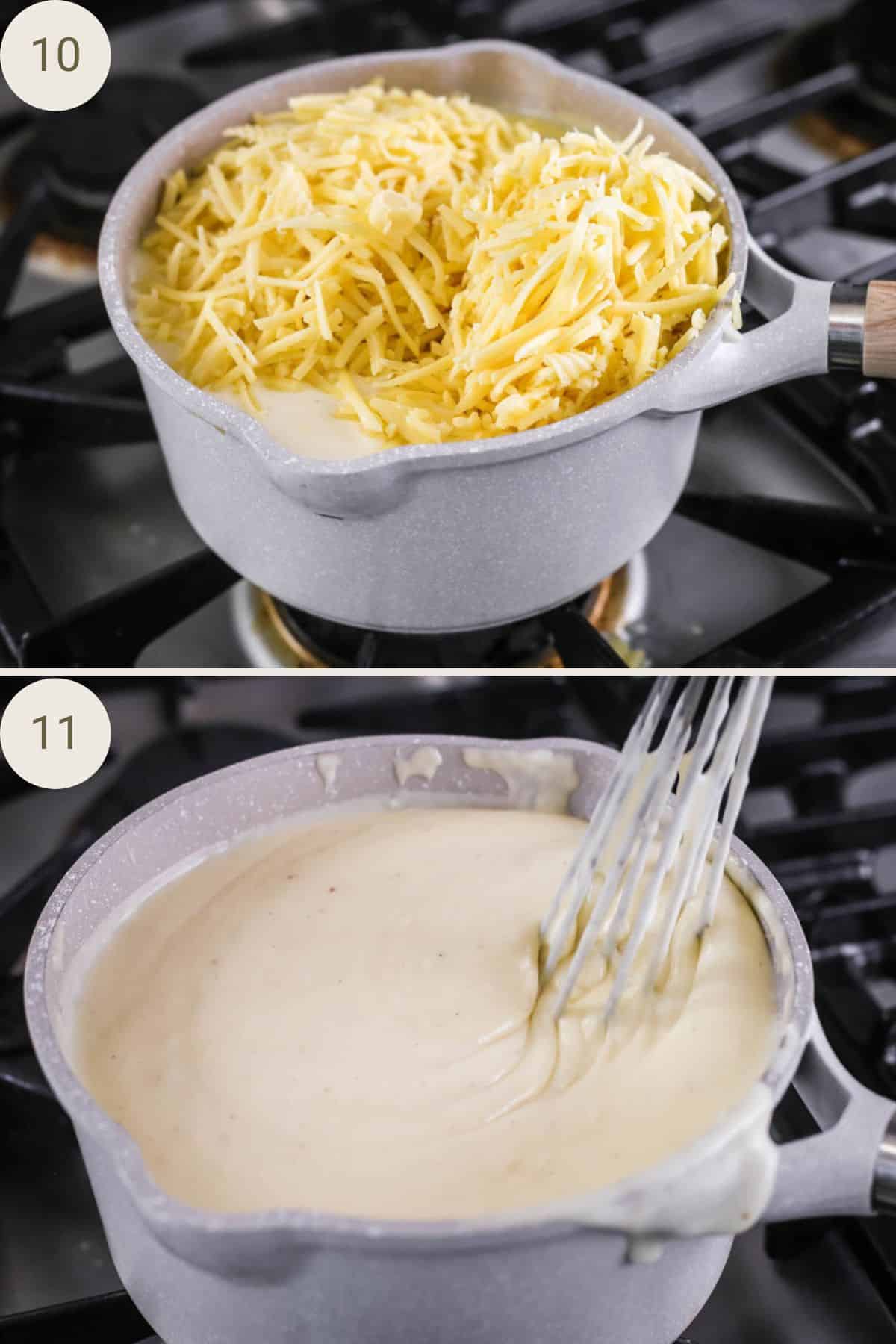 Cheese added to thickened sauce and whisked in until smooth.