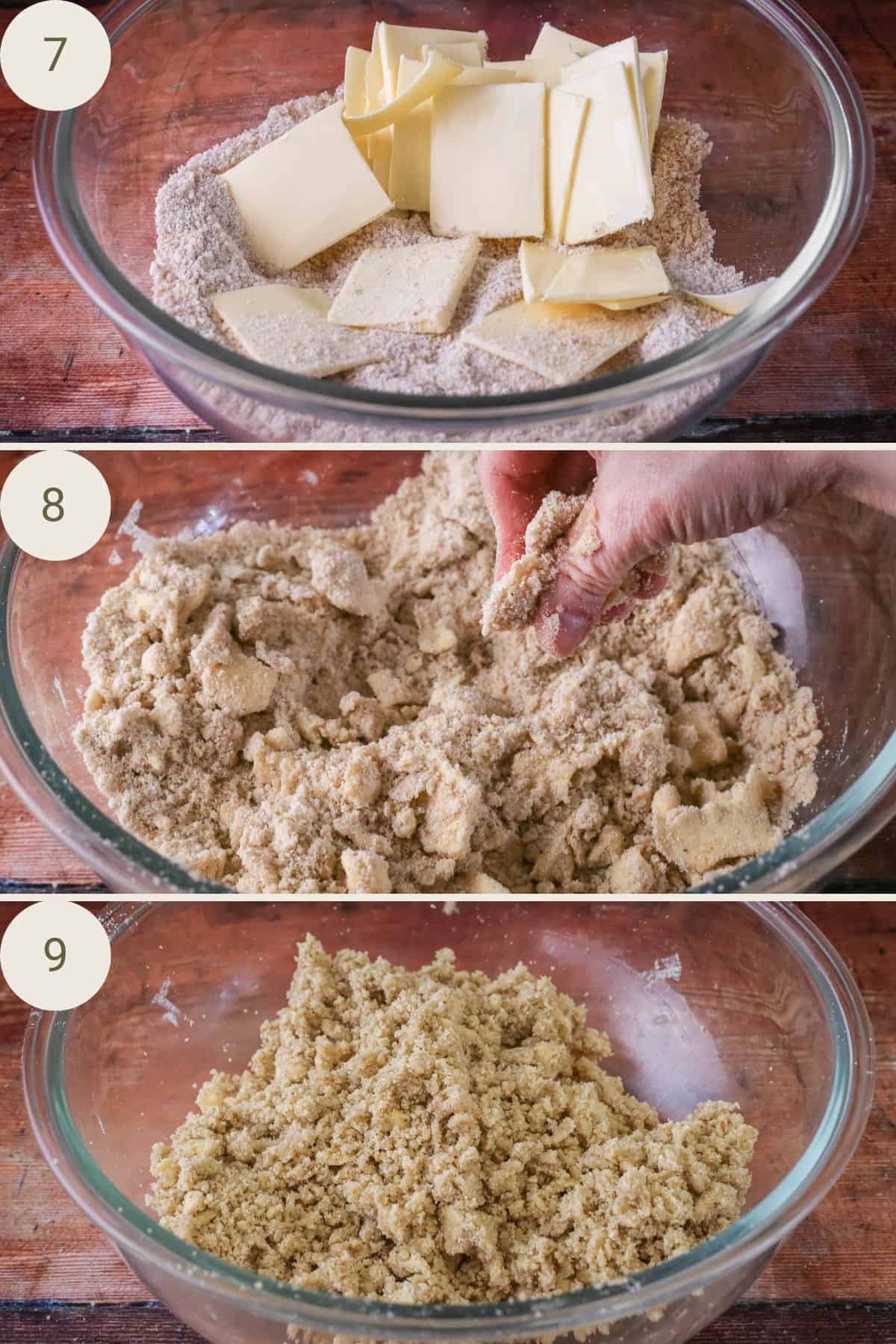 Sliced cold butter added to crumble ingredients and rubbed together to form shaggy breadcrumbs.