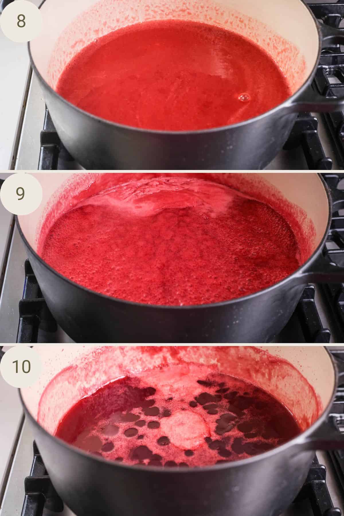 Jam mixture heated to a rolling boil.