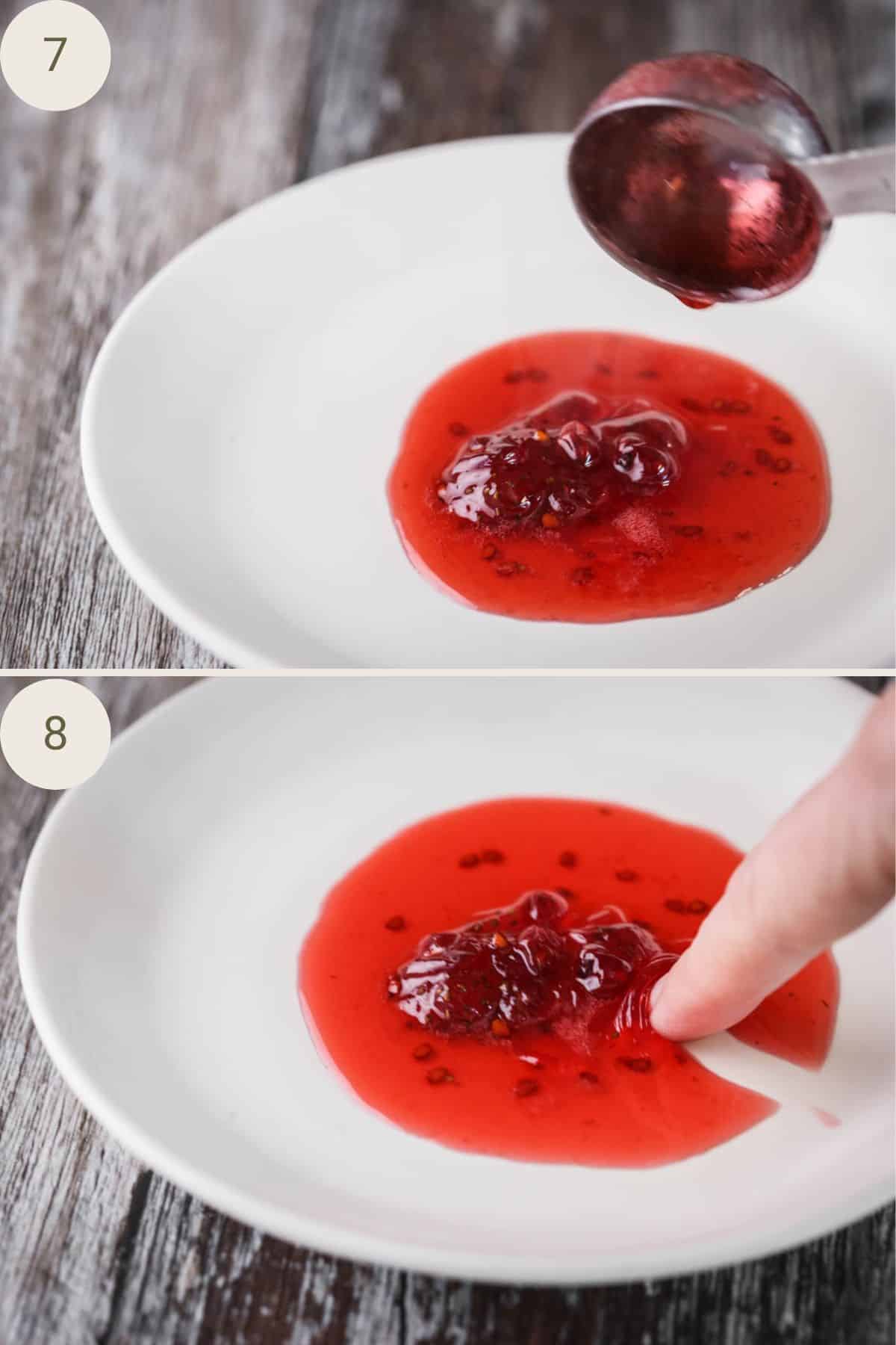 Jam dropped onto frozen saucer for saucer wrinkle test. Finger pushing the jam as it wrinkles up showing it's ready to be potted.